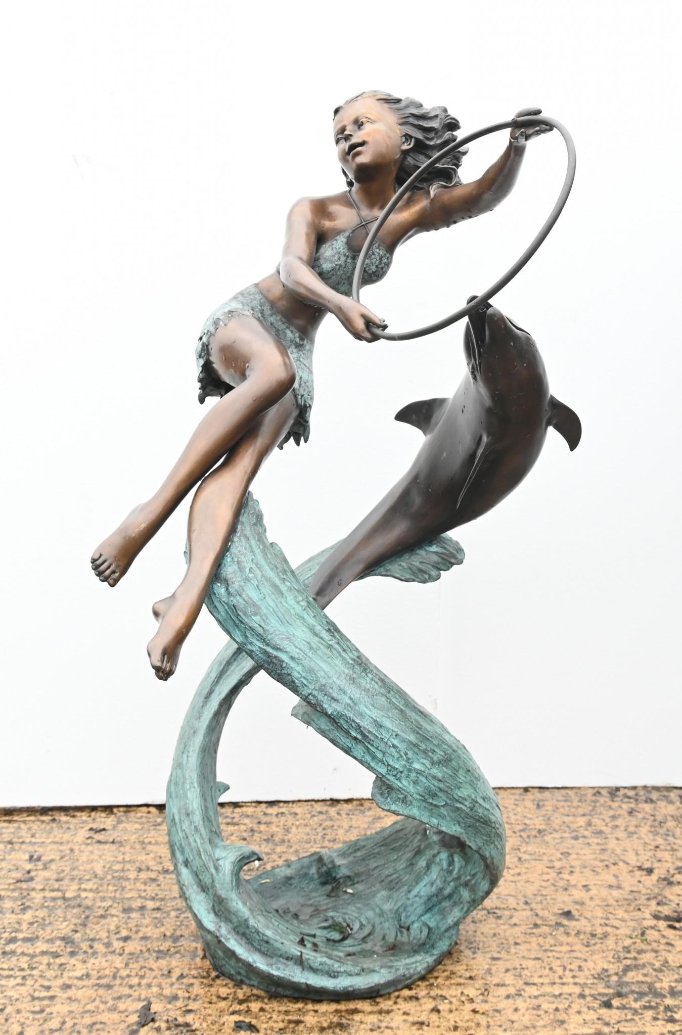 Jugendstil Bronze-Brunnen, Delphin-Mädchen-Garten-Guss aus Bronze im Angebot 7