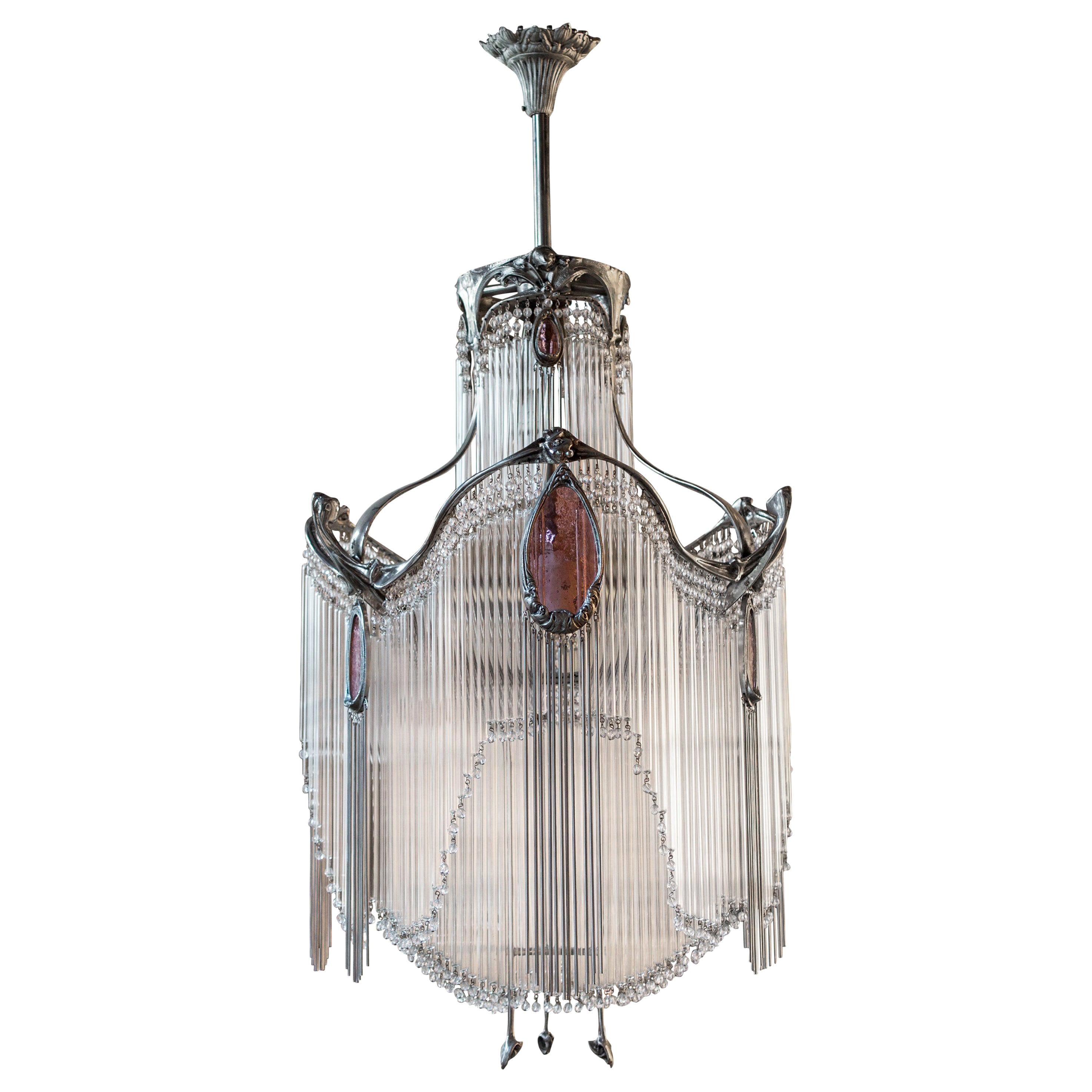 Art Nouveau Bronze Hector Guimard Chandelier with Nickel Finish