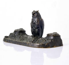 Art Nouveau Bronze Inkwell with an Owl