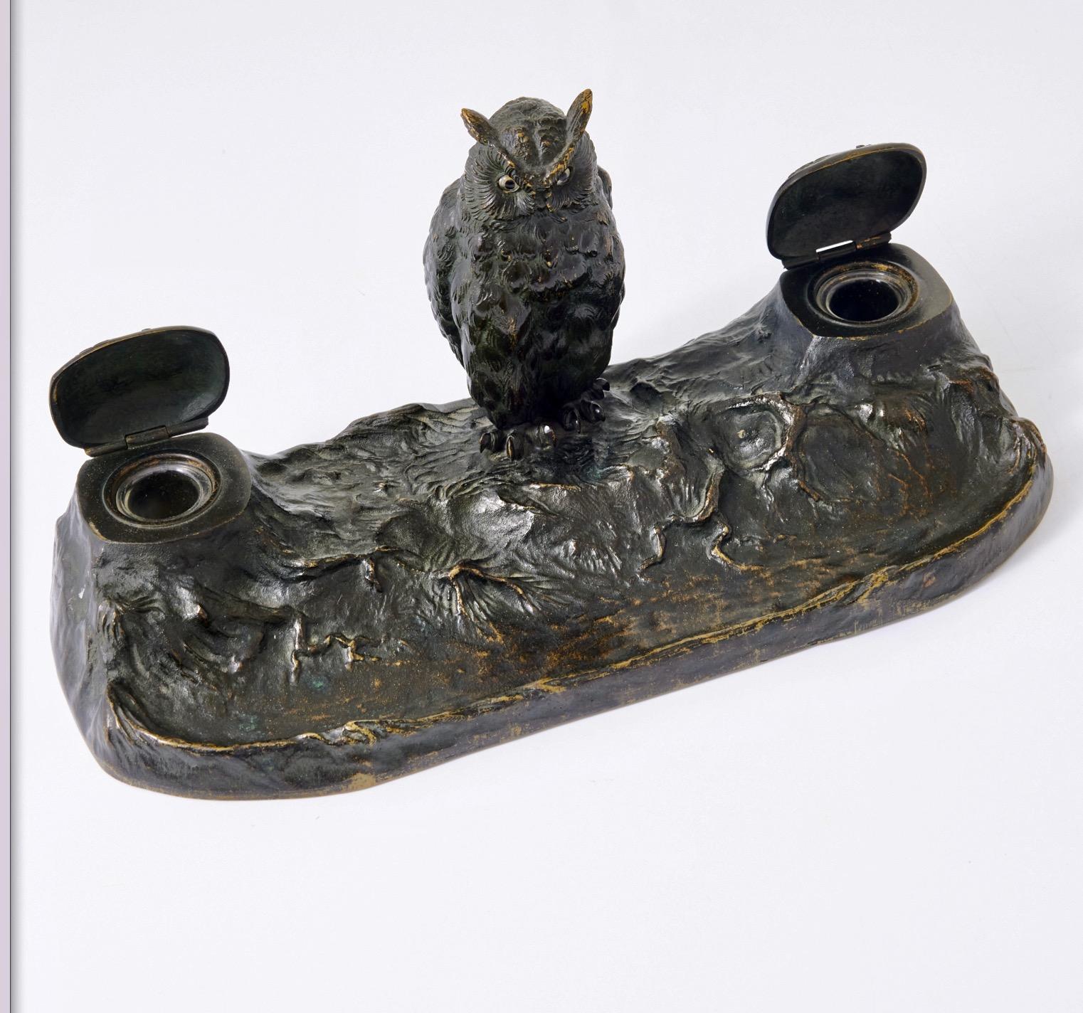 European Art Nouveau Bronze Inkwell with an Owl For Sale
