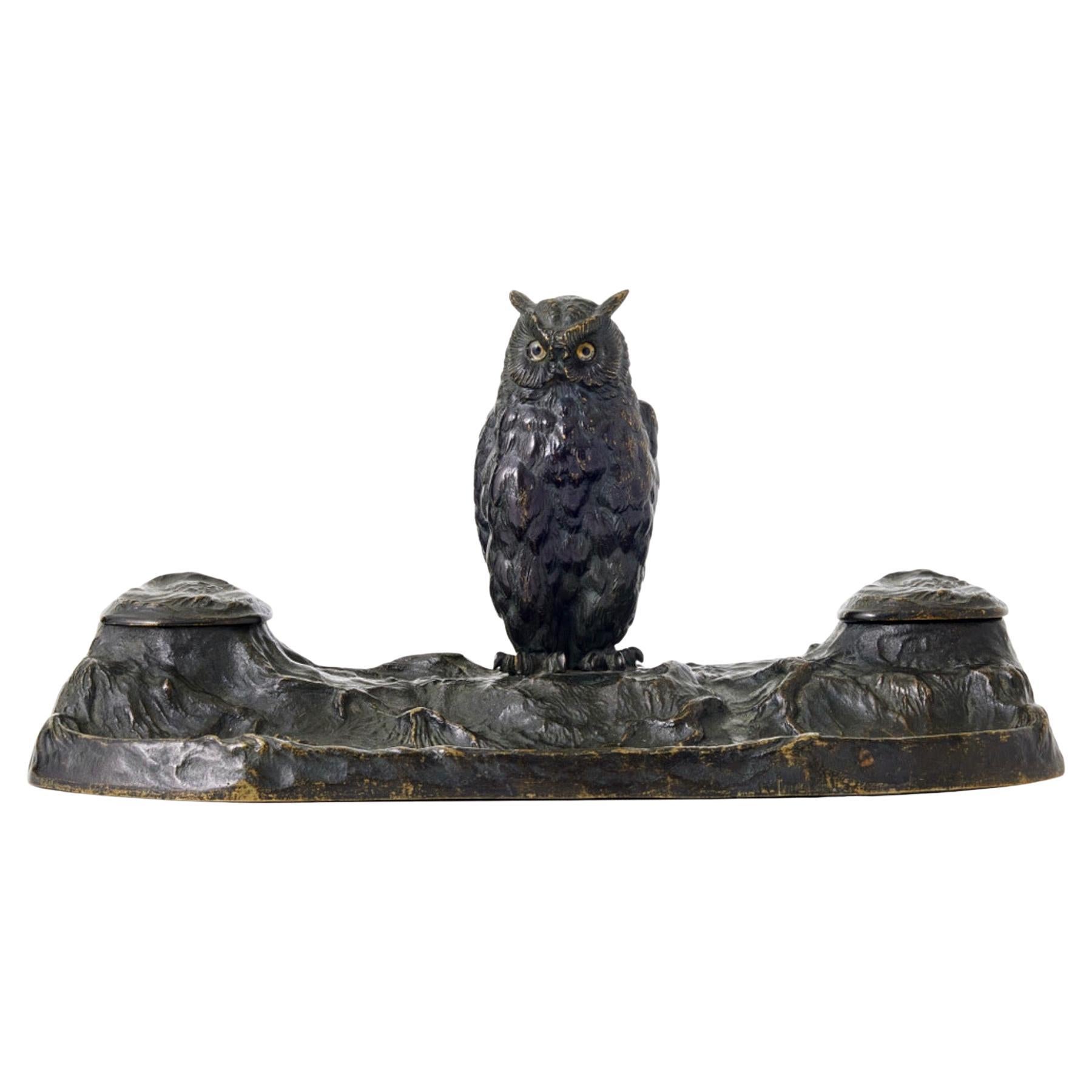 Art Nouveau Bronze Inkwell with an Owl For Sale