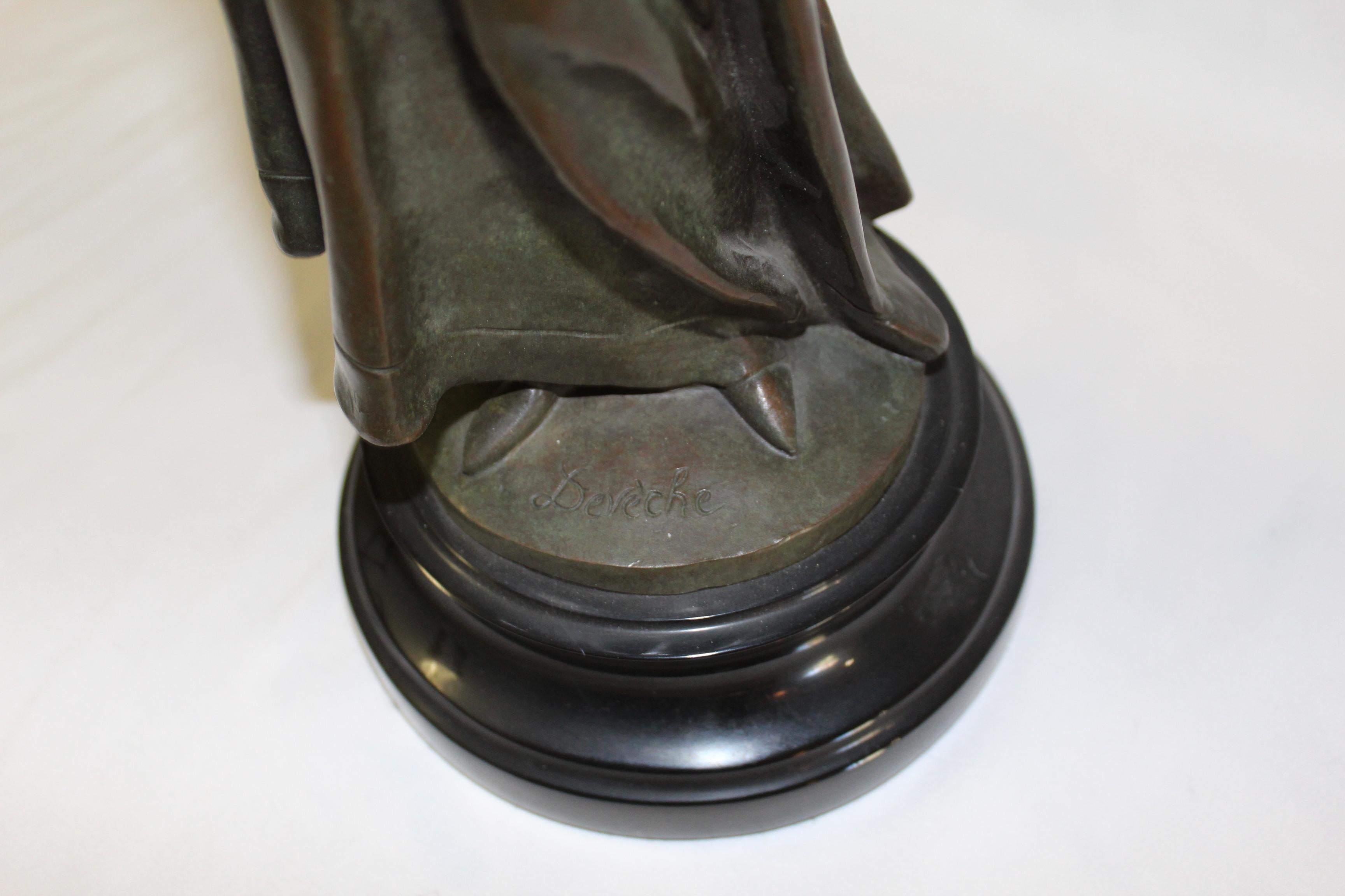 A fine detailed bronze casting of an elegant lady in full dress reading a book. Hence the title is (The book Lady) lost wax casting in multi-patina mounted on an absolute black marble base, in the style of Deve'che. Bears a signature on the base