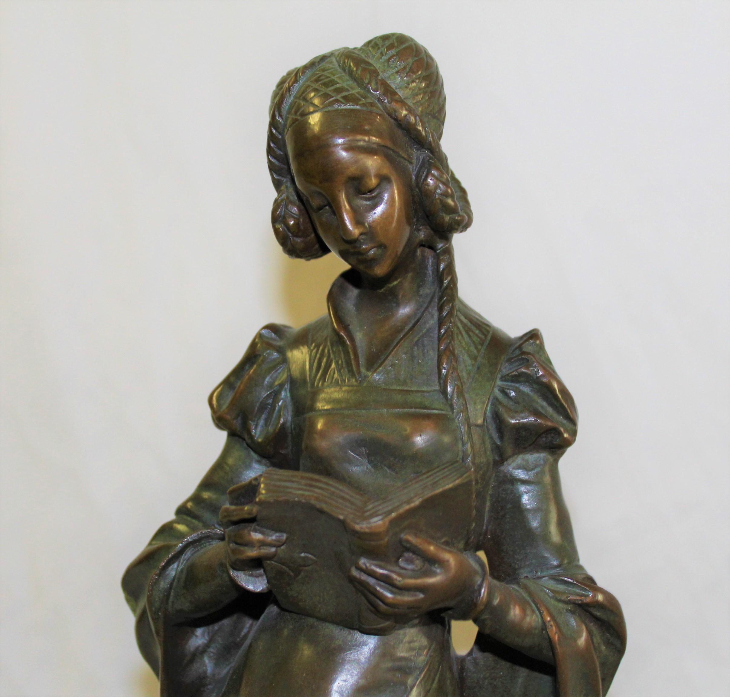 North American Art Nouveau Bronze Lady, Marble Base 'The book Lady' For Sale