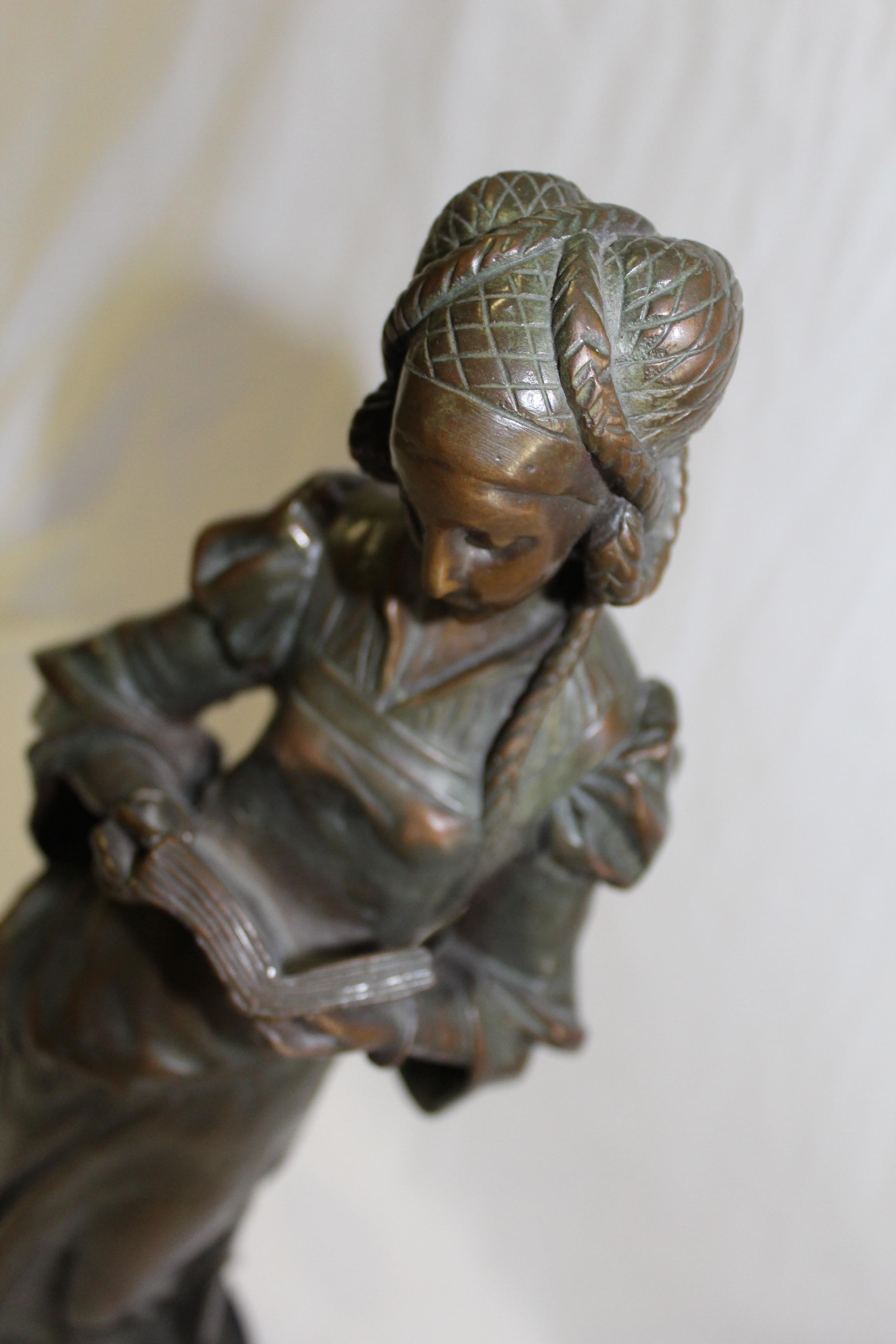 Late 20th Century Art Nouveau Bronze Lady, Marble Base 'The book Lady' For Sale