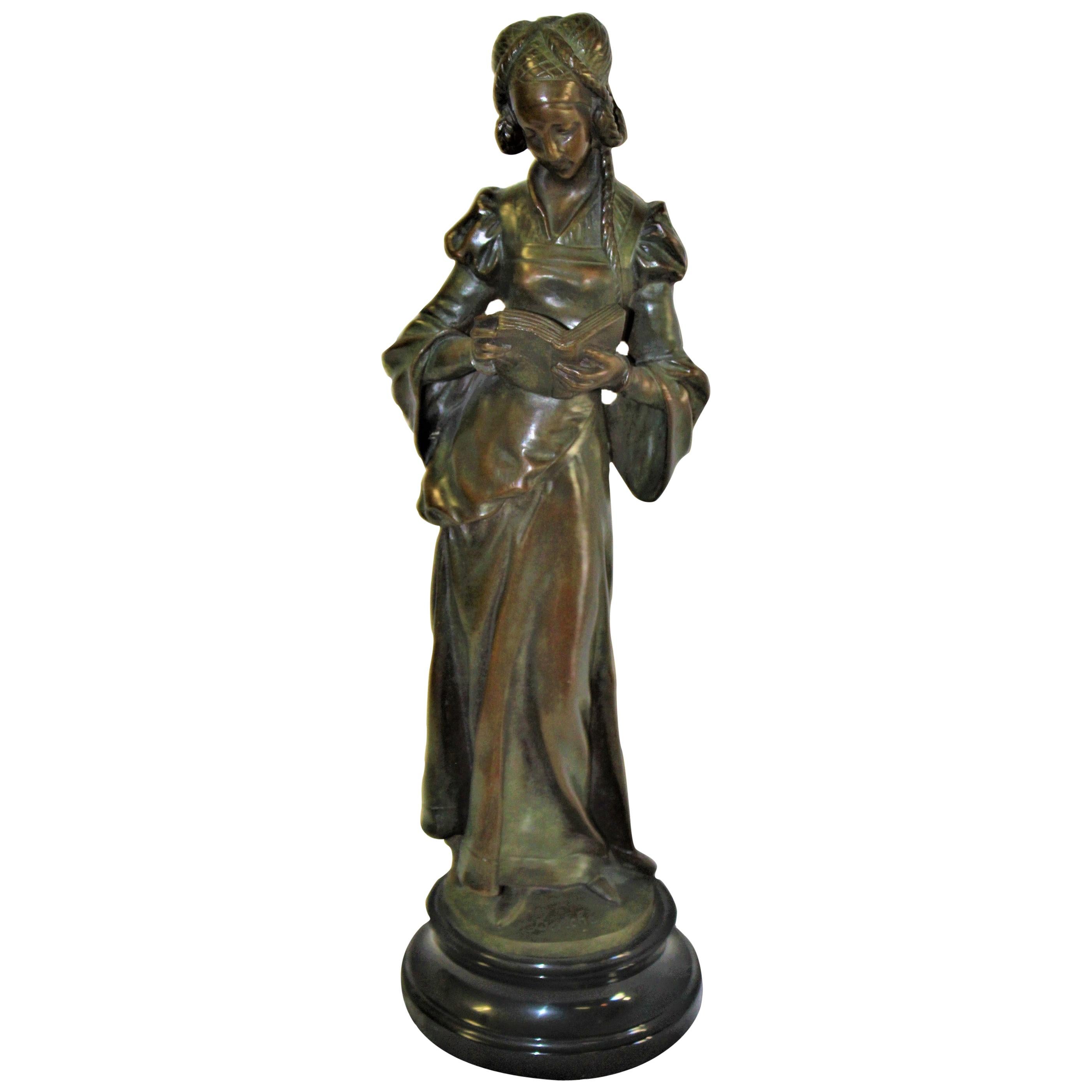 Dame en bronze Art Nouveau, socle en marbre 'The book Lady' (La Dame du livre)