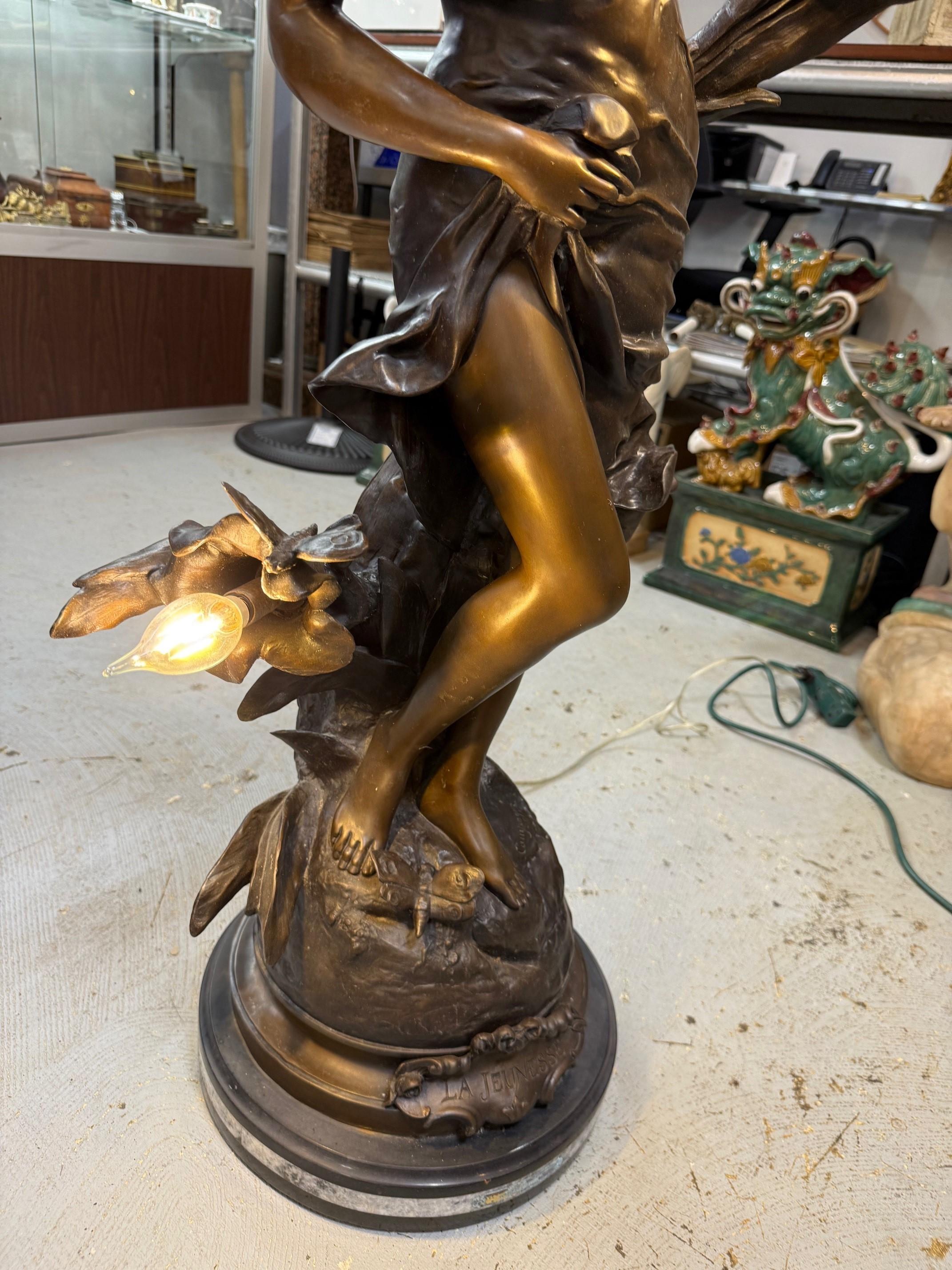 Bronze Lampe en bronze Art Nouveau d'après la statue de champagne Pierre-Etienne LA JEUNESSE en vente