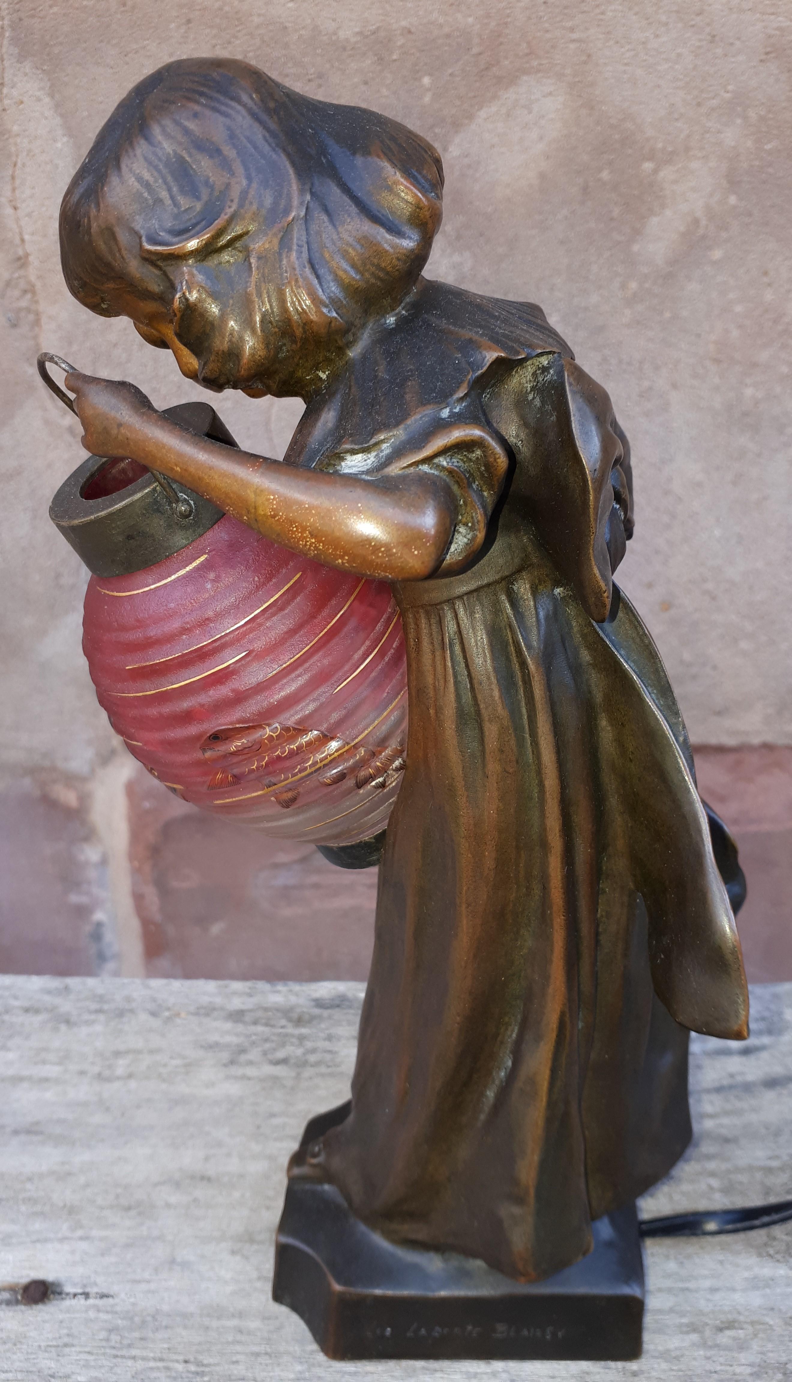 Art Nouveau Bronze Lamp, By Léo Laporte Blairsy And Daum For Sale 9