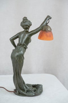 Art Nouveau Bronze Lamp by Villanis, w/Art Glass Shade by Daum Nancy, ca. 1900