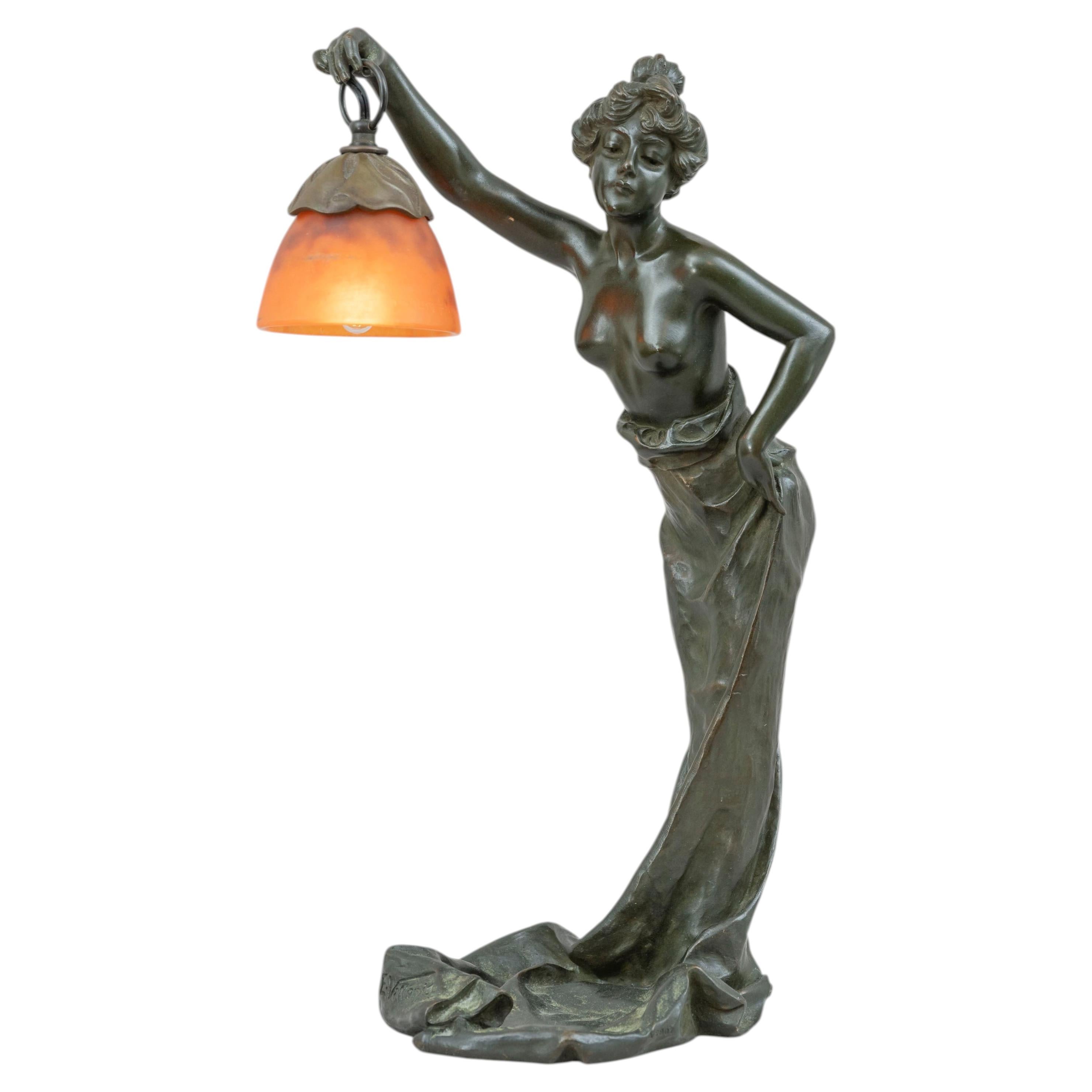 Art Nouveau Bronze Lamp by Villanis, w/Art Glass Shade by Daum Nancy, ca. 1900