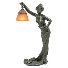 Art Nouveau Bronze Lamp by Villanis, w/Art Glass Shade by Daum Nancy, ca. 1900