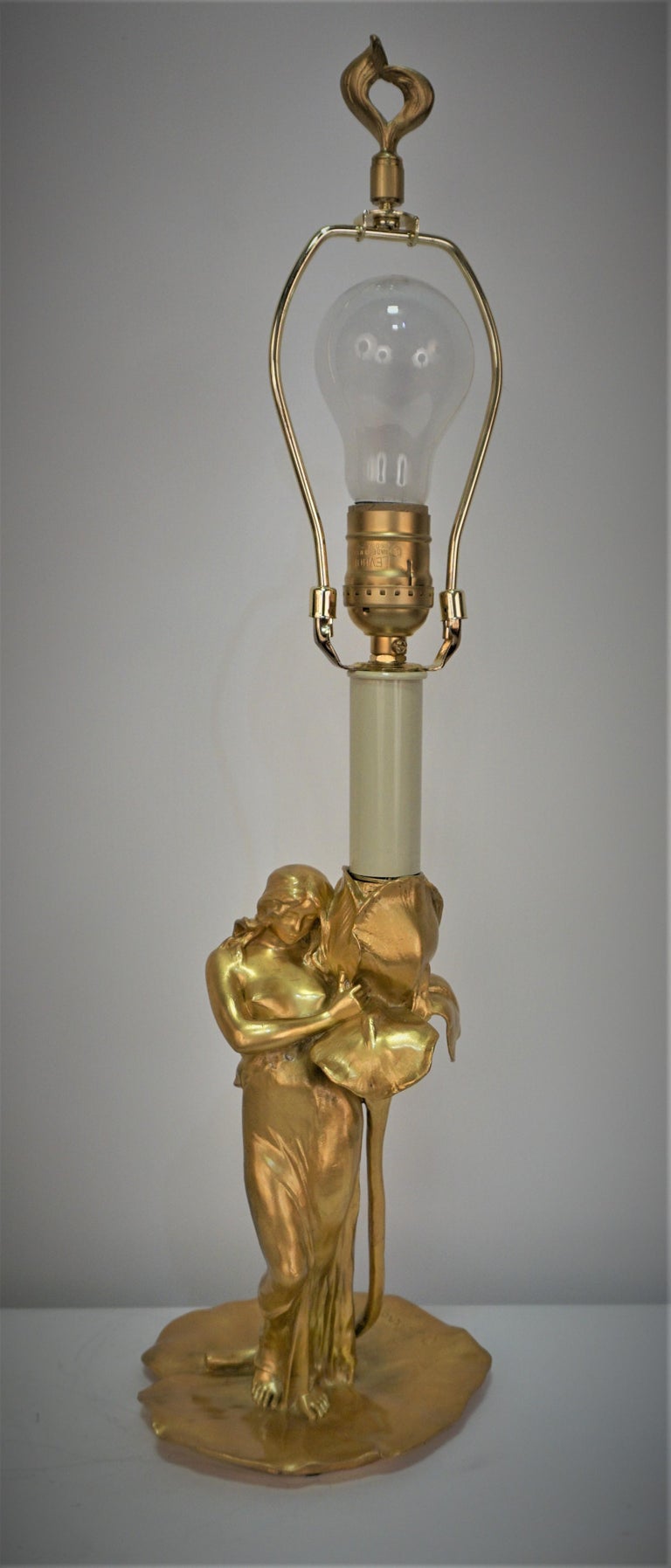 Gilt Art Nouveau Bronze Lamp Maiden Embracing an Iris Alexandre Clerget '1856-1931' For Sale