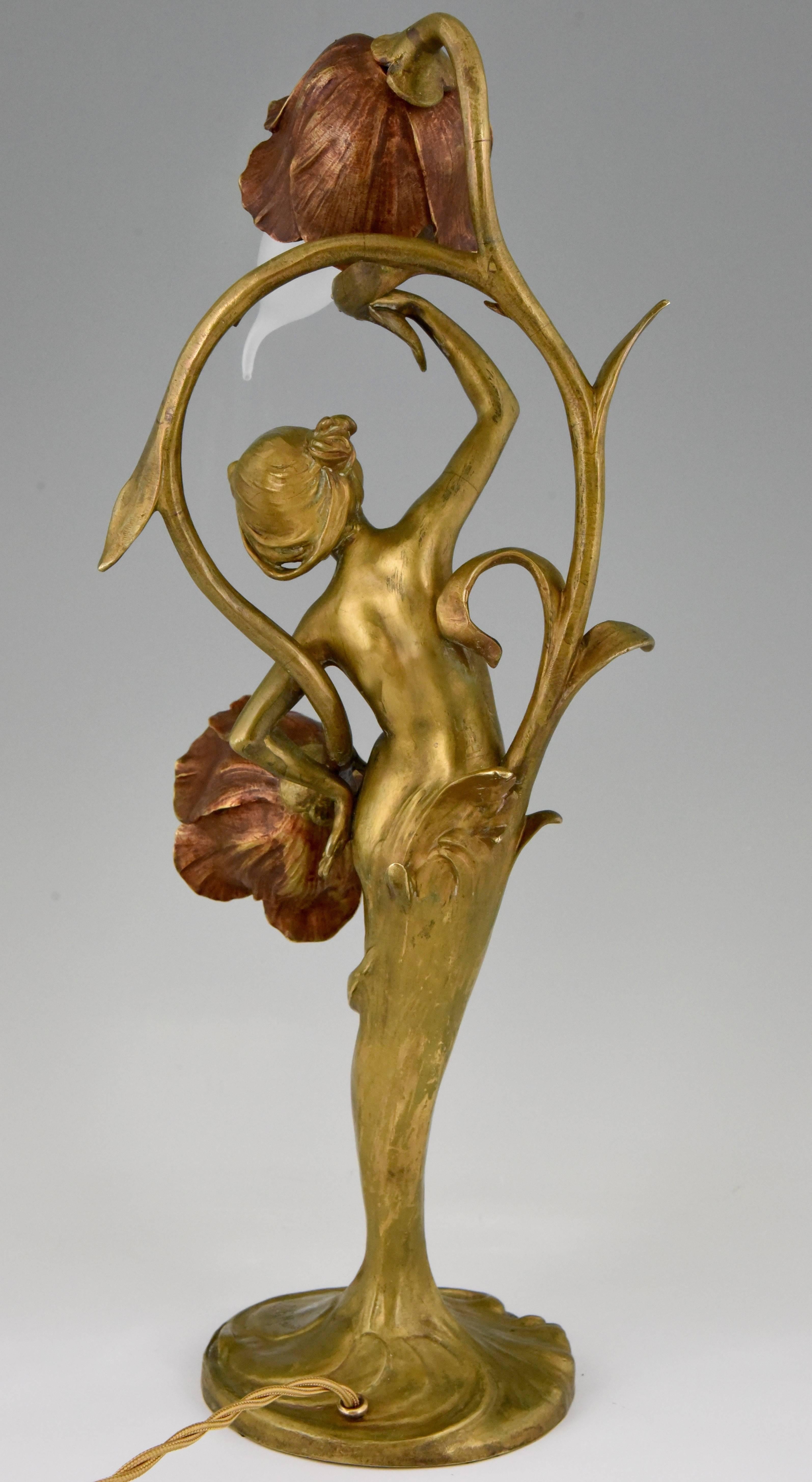 Français Lampe en bronze Art Nouveau Dame nue avec des fleurs Louis & François Moreau, 1900