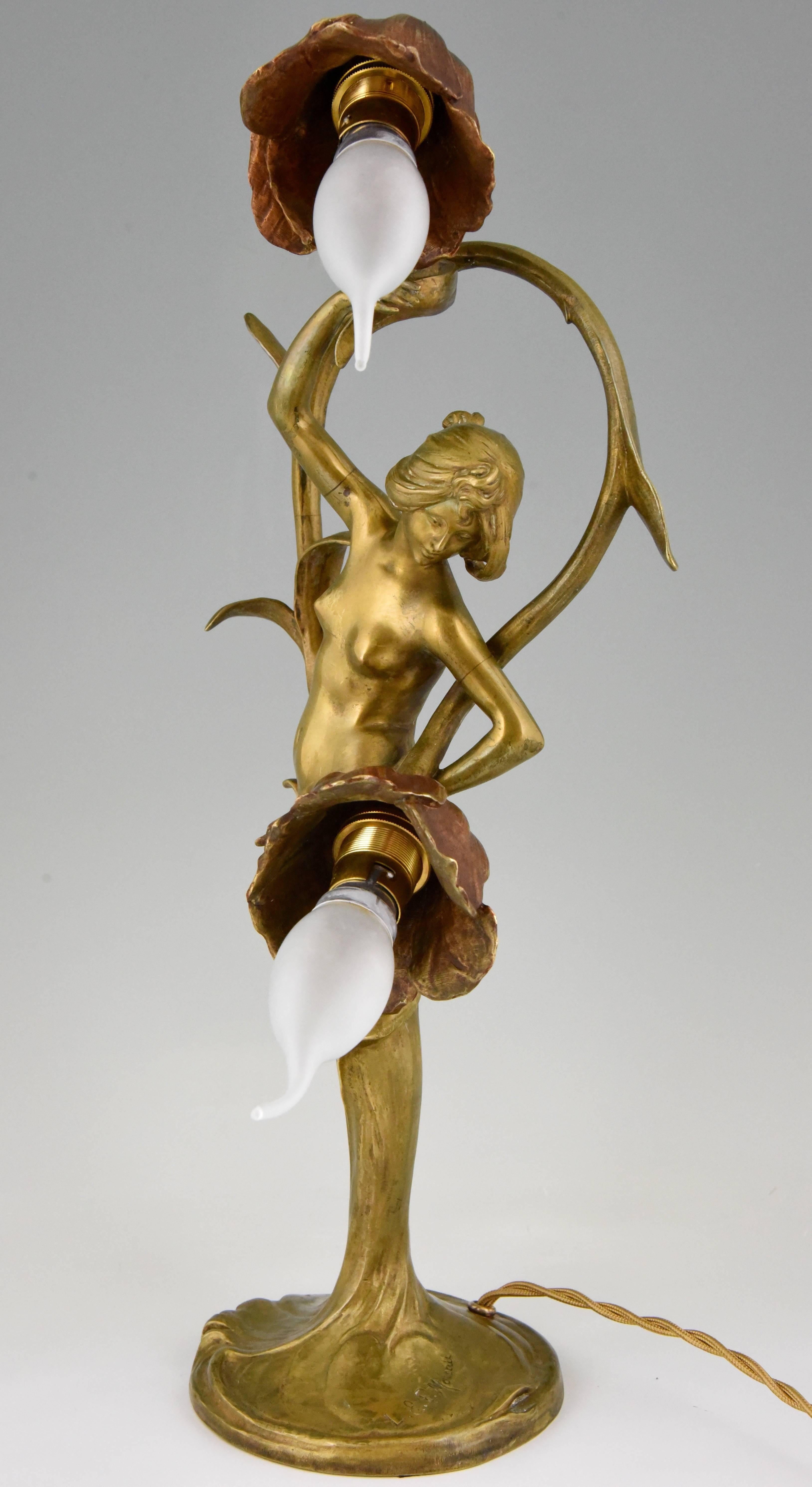 Bronze Lampe en bronze Art Nouveau Dame nue avec des fleurs Louis & François Moreau, 1900