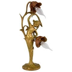 Lampe en bronze Art Nouveau Dame nue avec des fleurs Louis & François Moreau, 1900