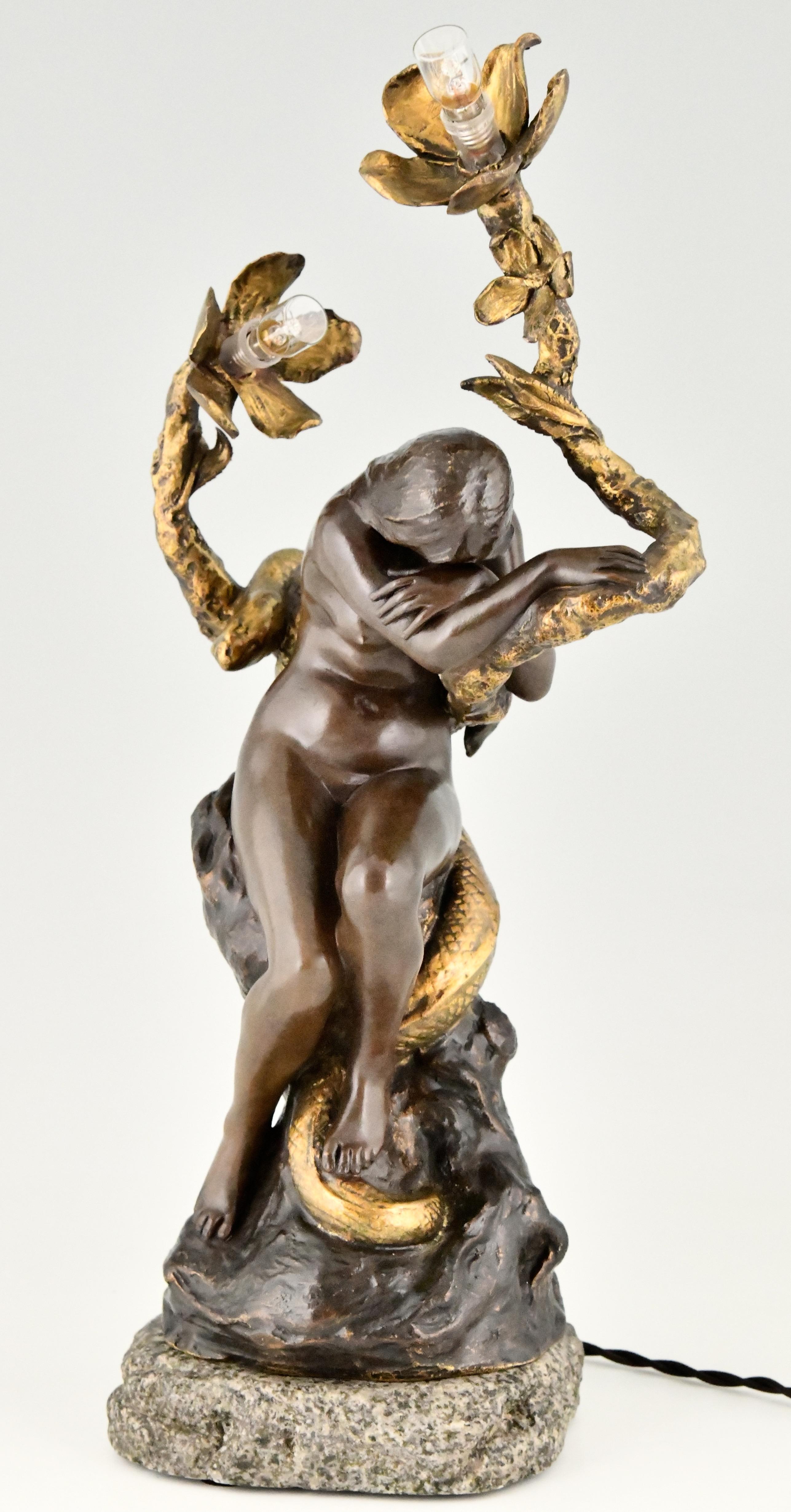 Bronze Art Nouveau bronze lamp nude with snake and flowers Henri Levasseur France 1900