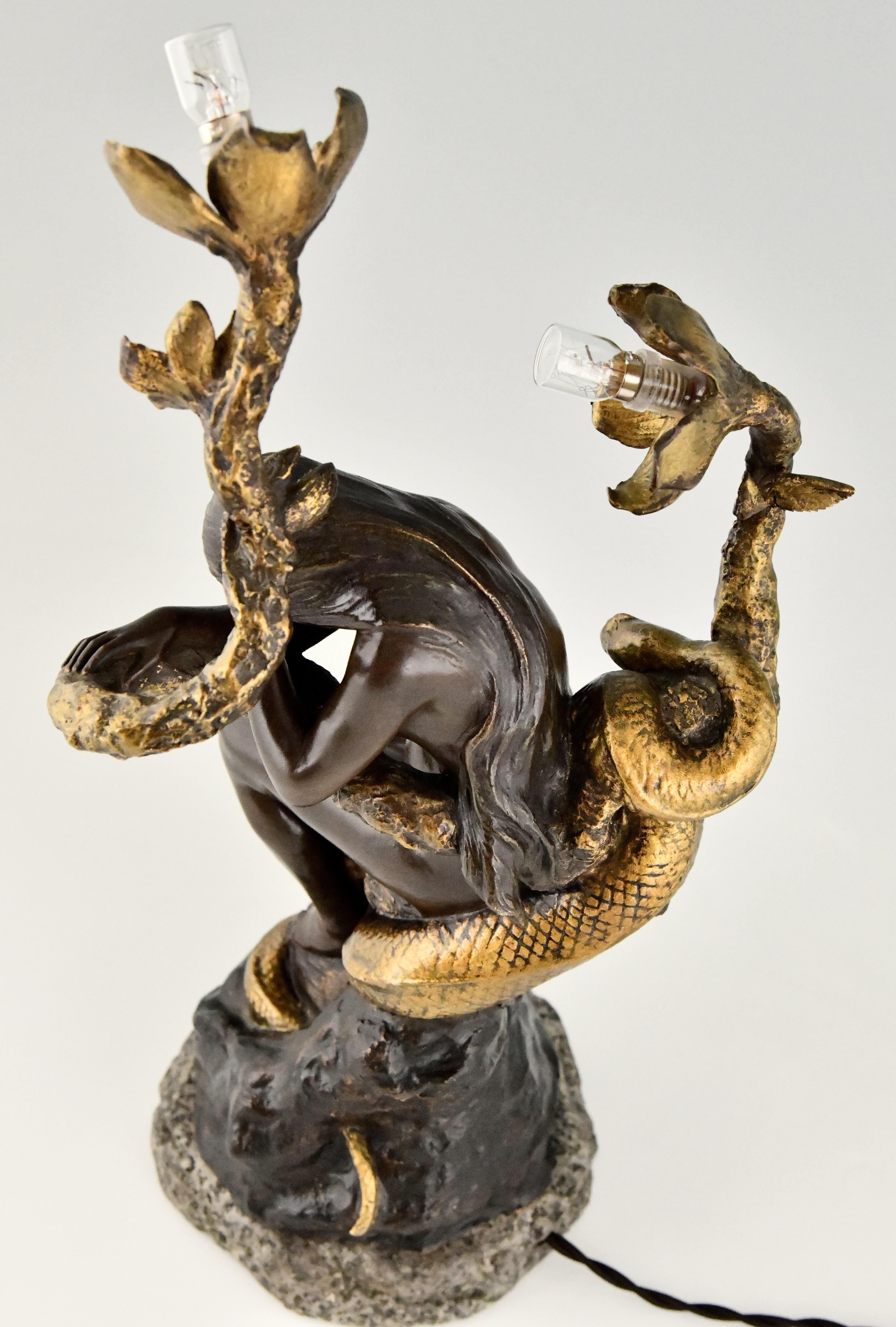 Art Nouveau bronze lamp nude with snake and flowers Henri Levasseur France 1900 1