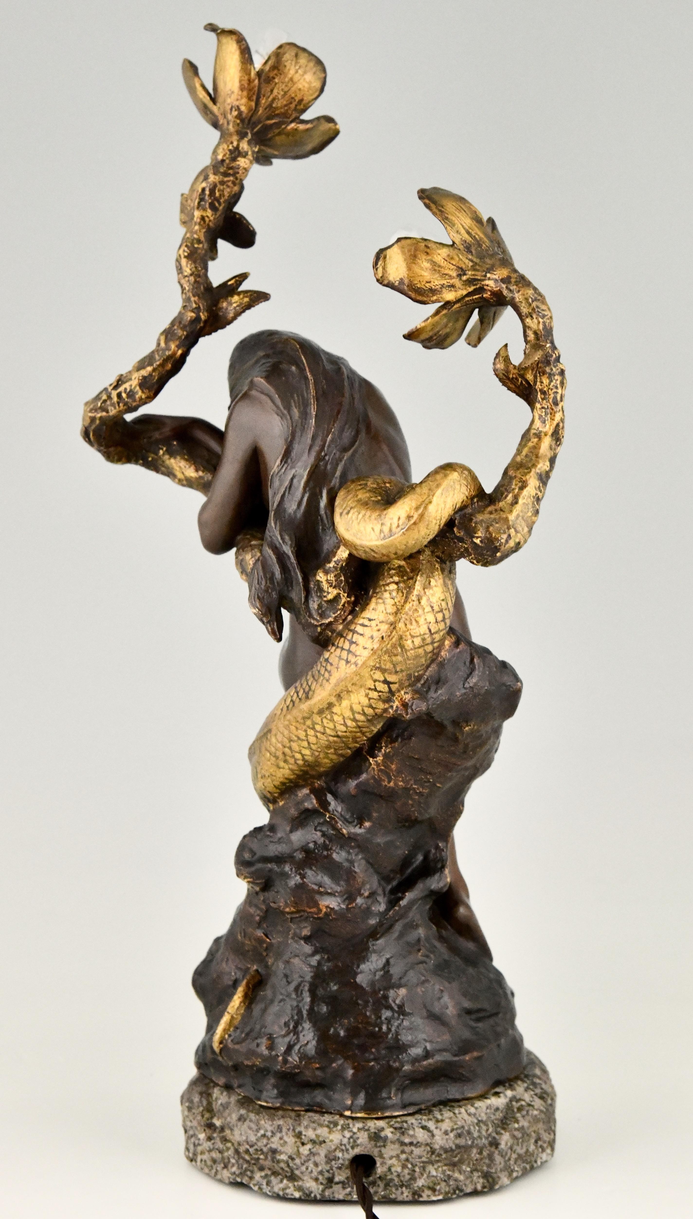 French Art Nouveau bronze lamp nude with snake and flowers Henri Levasseur France 1900