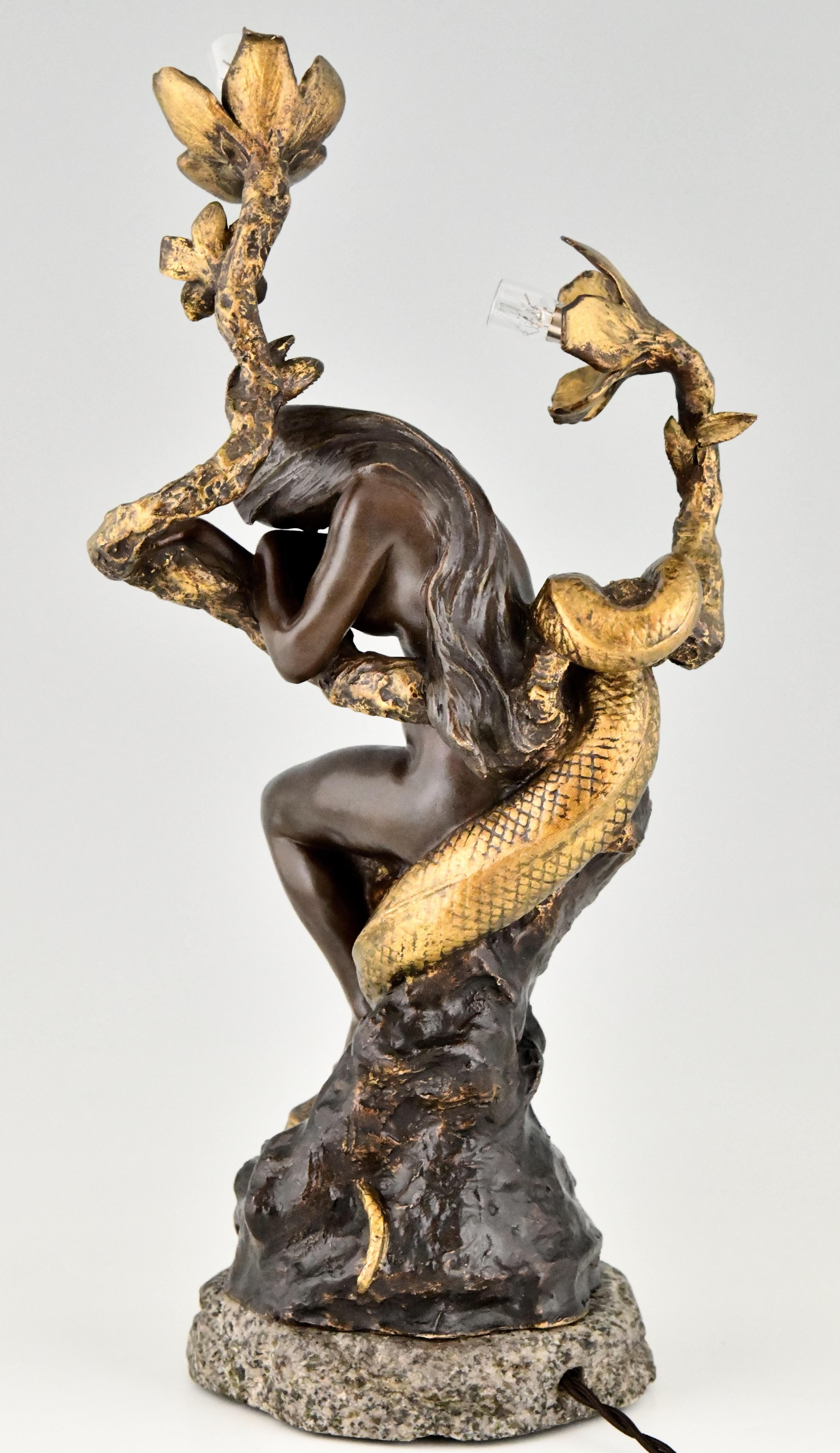 Patinated Art Nouveau bronze lamp nude with snake and flowers Henri Levasseur France 1900