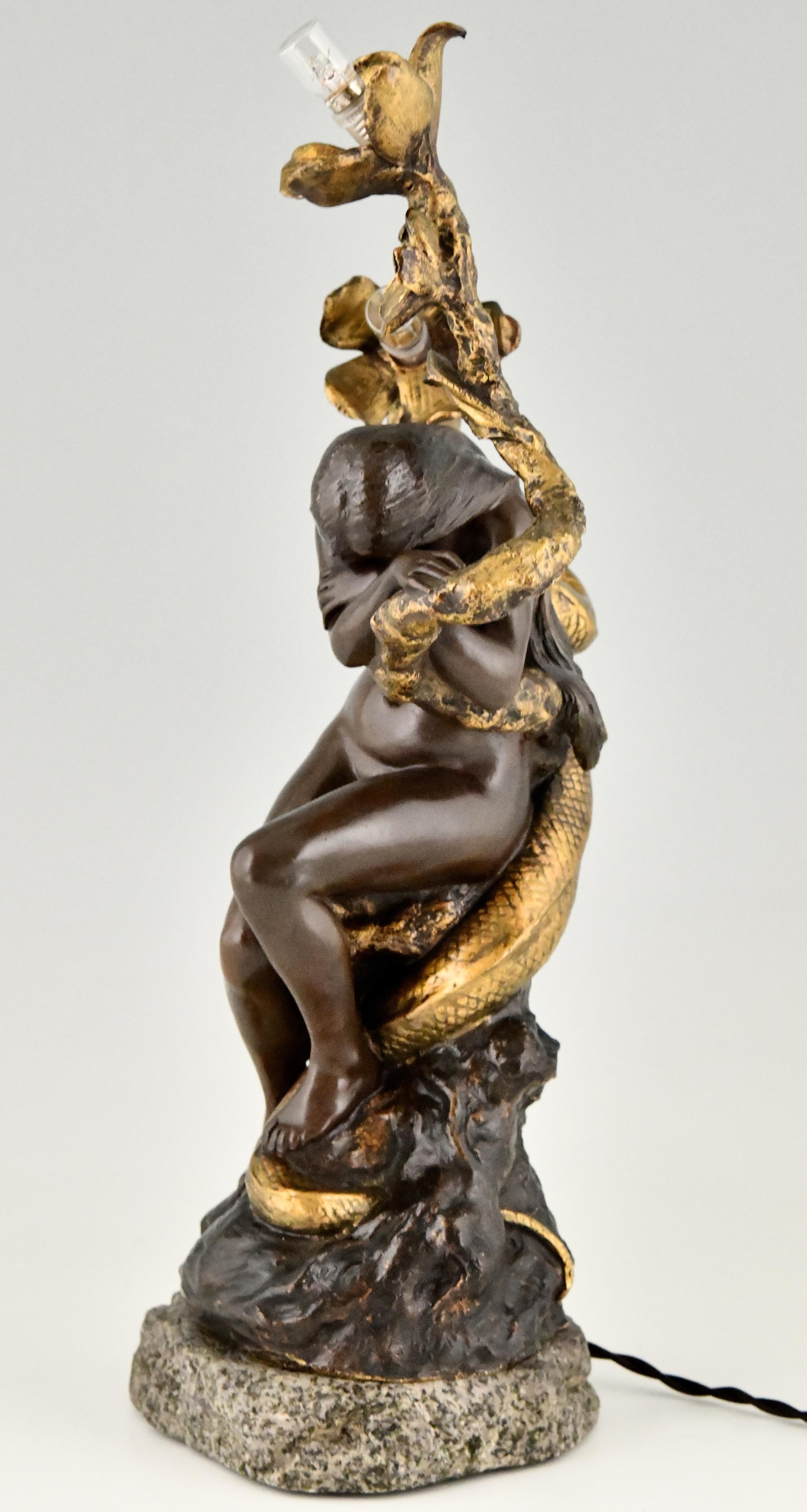 Early 20th Century Art Nouveau bronze lamp nude with snake and flowers Henri Levasseur France 1900