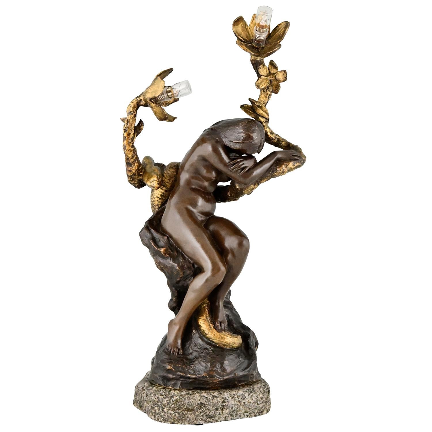Art Nouveau bronze lamp nude with snake and flowers Henri Levasseur France 1900