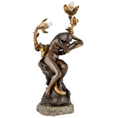 Art Nouveau bronze lamp nude with snake and flowers Henri Levasseur France 1900