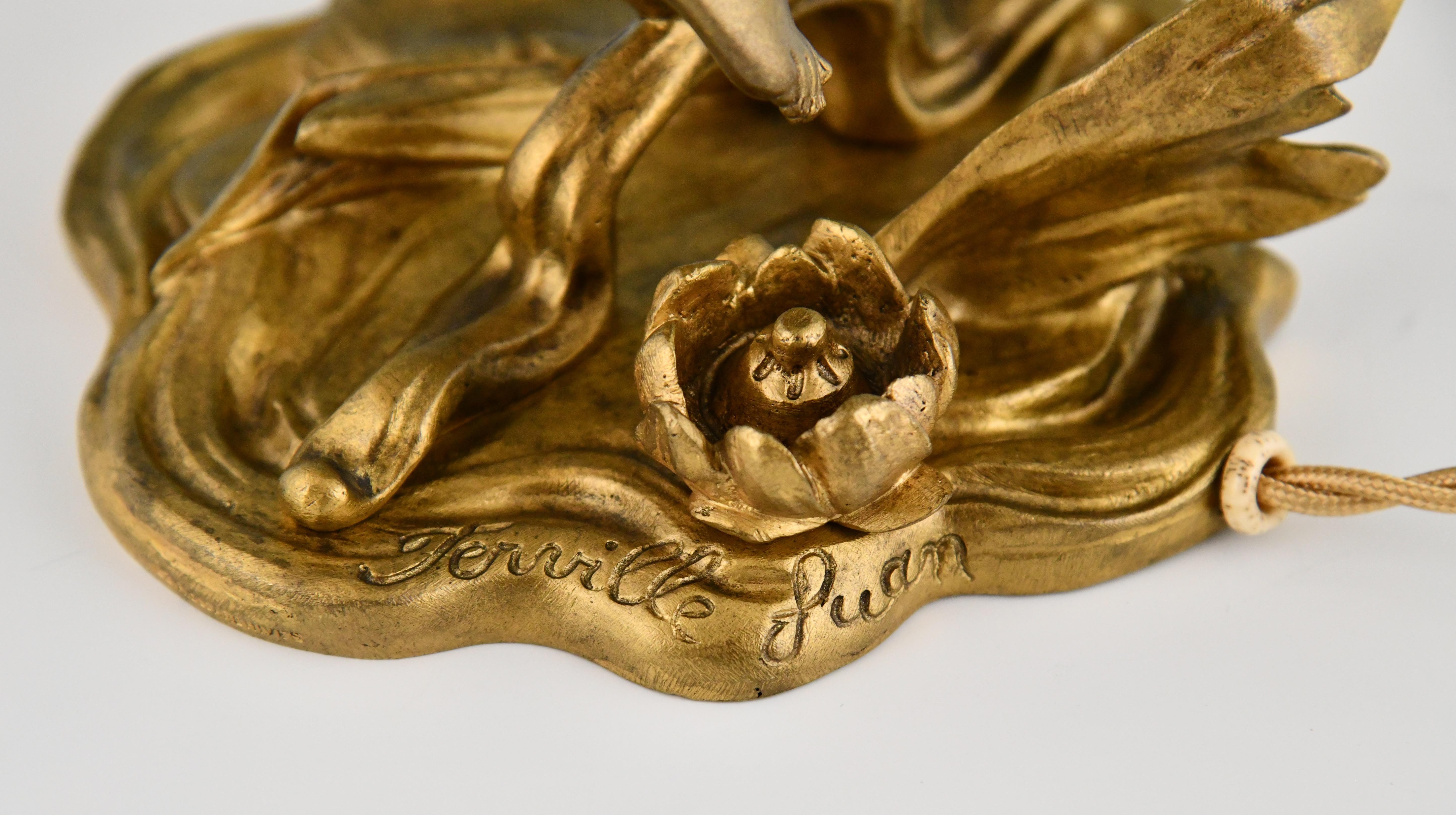 Lámpara Art Nouveau de bronce con dama de Ferville Suan & Degué, francia 1900. en venta 3