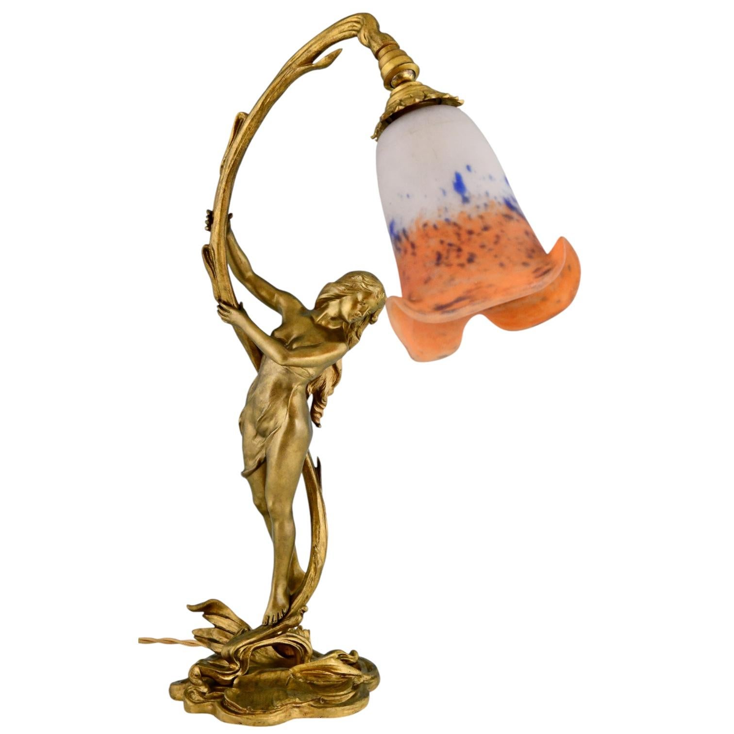 Lámpara Art Nouveau de bronce con dama de Ferville Suan & Degué, francia 1900. Francés en venta