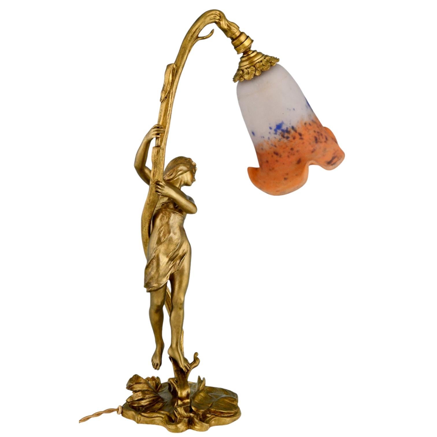 Lámpara Art Nouveau de bronce con dama de Ferville Suan & Degué, francia 1900. Bronce en venta