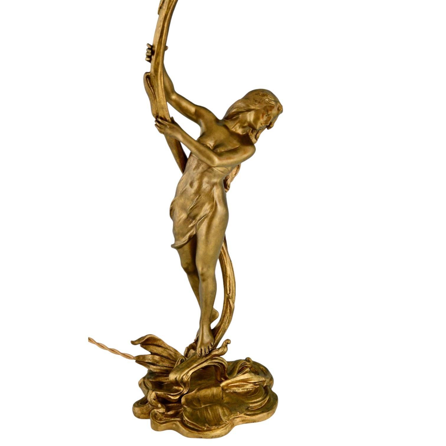 Lámpara Art Nouveau de bronce con dama de Ferville Suan & Degué, francia 1900. en venta 1