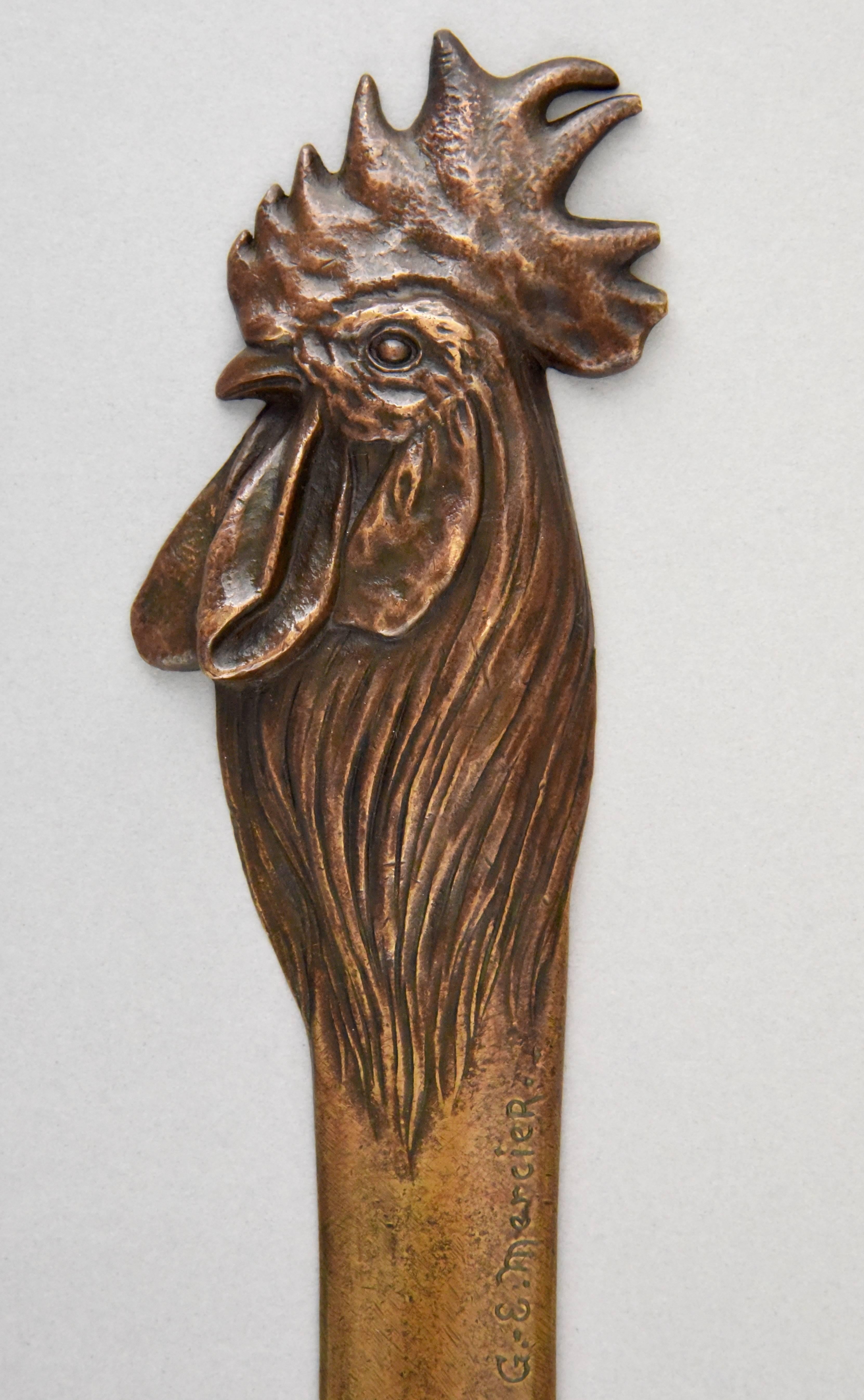 French Art Nouveau Bronze Letter Opener Bookmark with Rooster G. E. Mercier France 1900