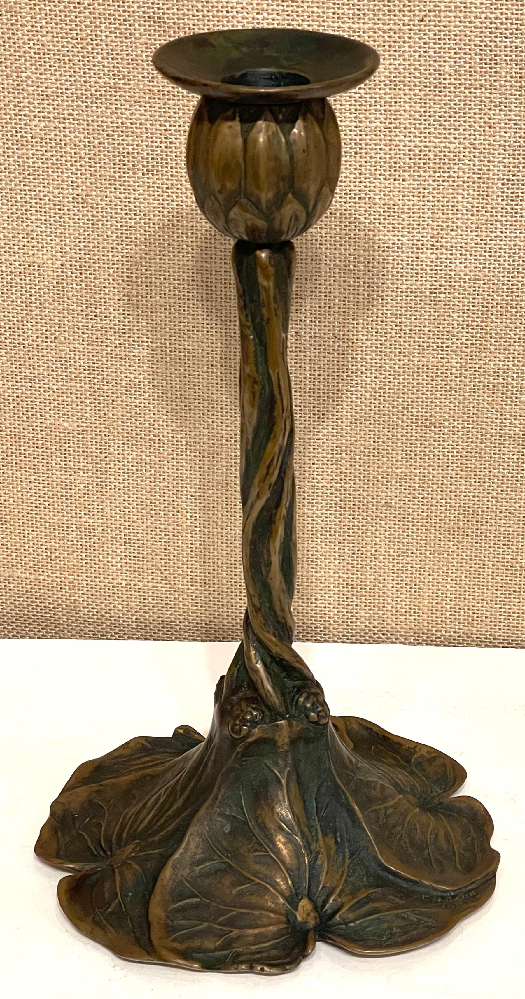Art Nouveau Bronze Lily Pad & Water Nymph Candlesticks, Signed CH Barr, 1902 For Sale 4