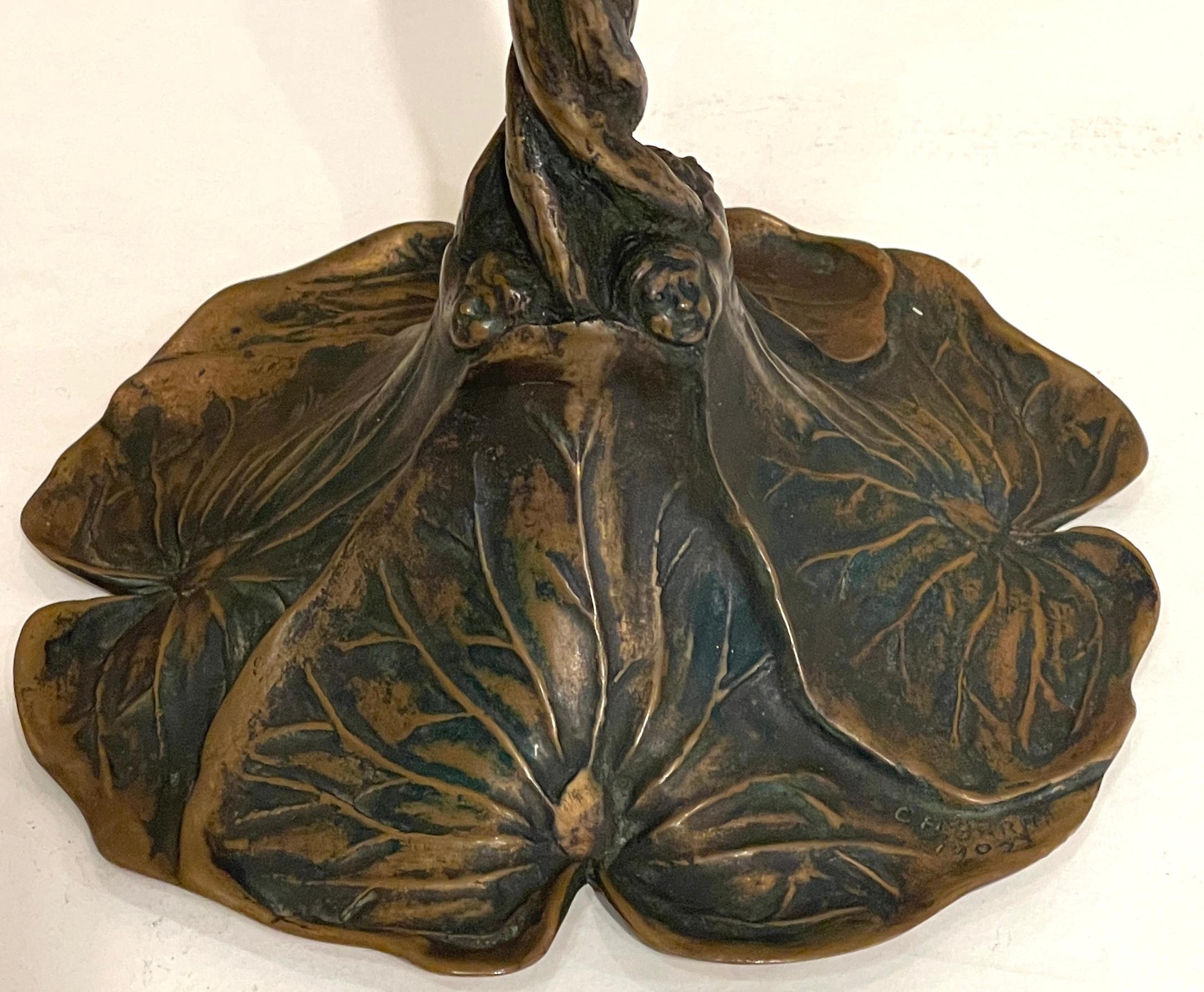 Art Nouveau Bronze Lily Pad & Water Nymph Candlesticks, Signed CH Barr, 1902 For Sale 6