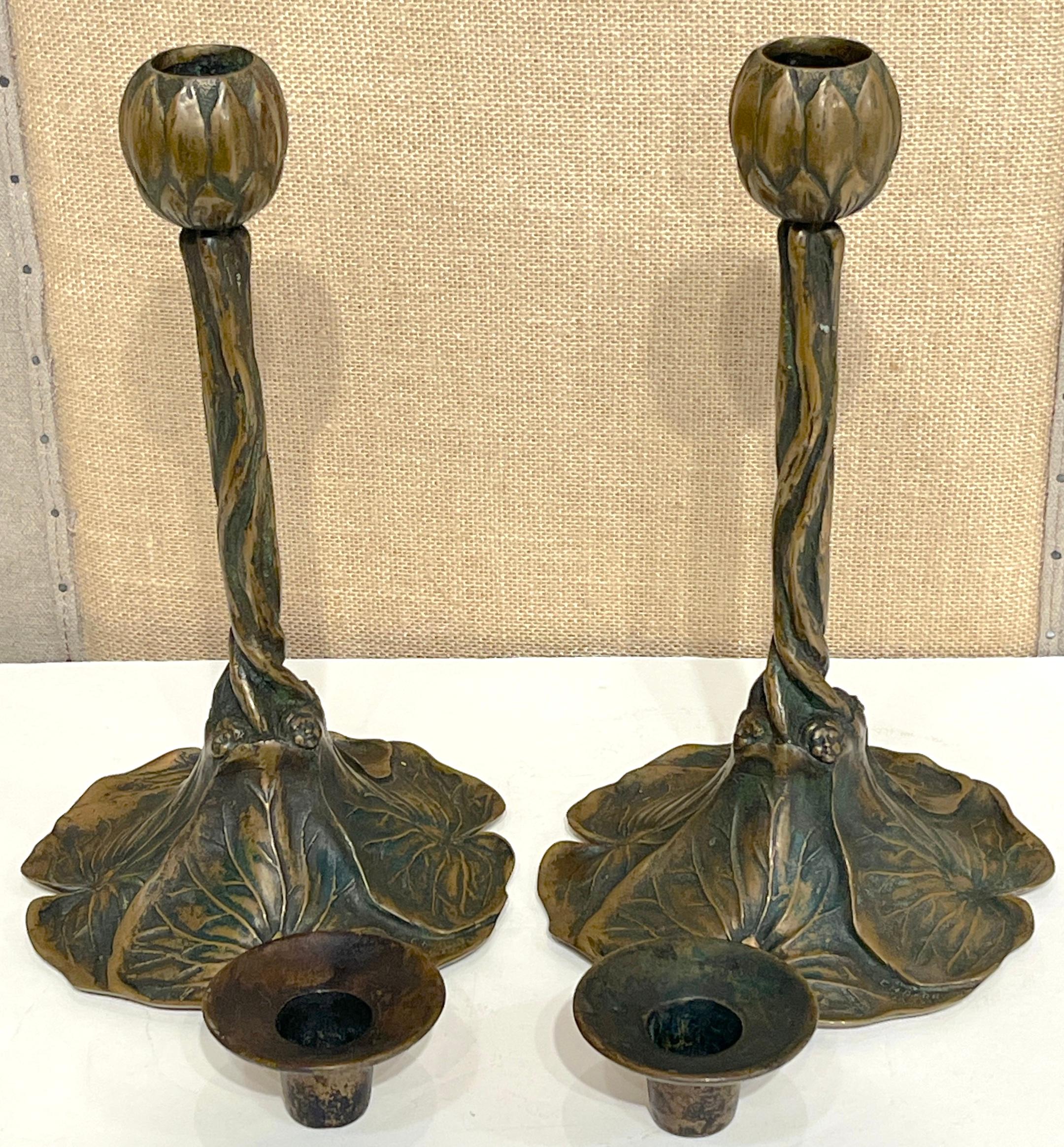 Art Nouveau Bronze Lily Pad & Water Nymph Candlesticks, Signed CH Barr, 1902 For Sale 8