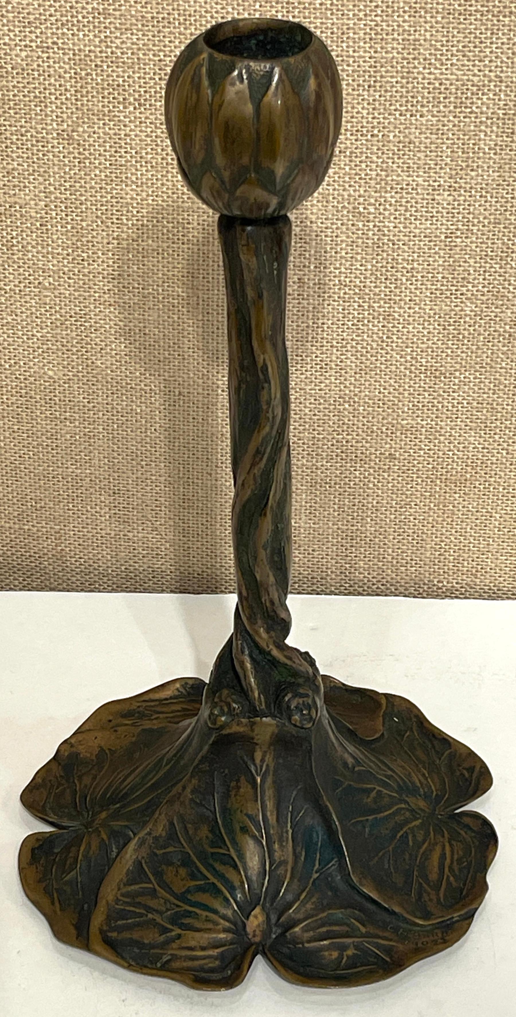 Art Nouveau Bronze Lily Pad & Water Nymph Candlesticks, Signed CH Barr, 1902 For Sale 9