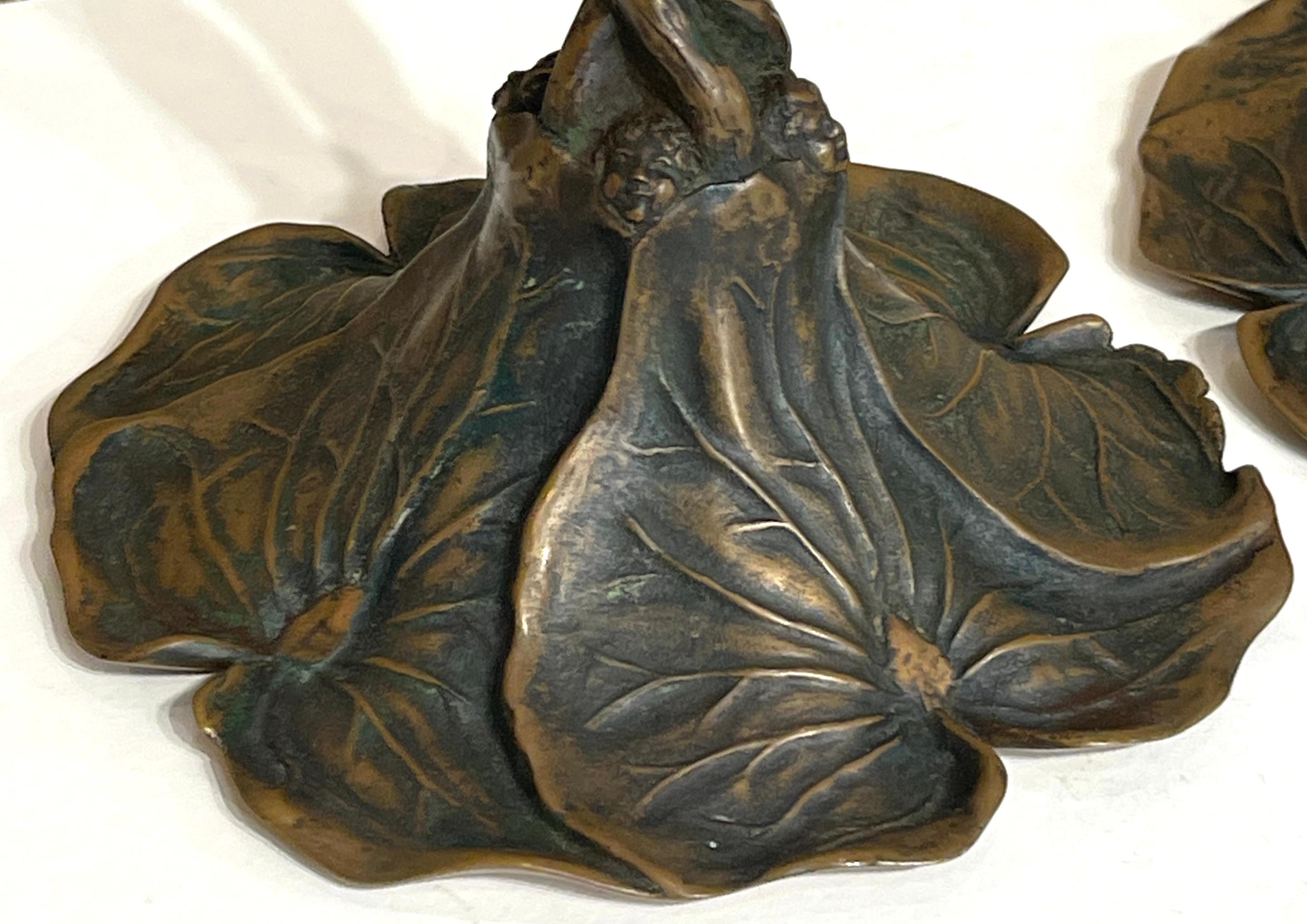 Cast Art Nouveau Bronze Lily Pad & Water Nymph Candlesticks, Signed CH Barr, 1902 For Sale