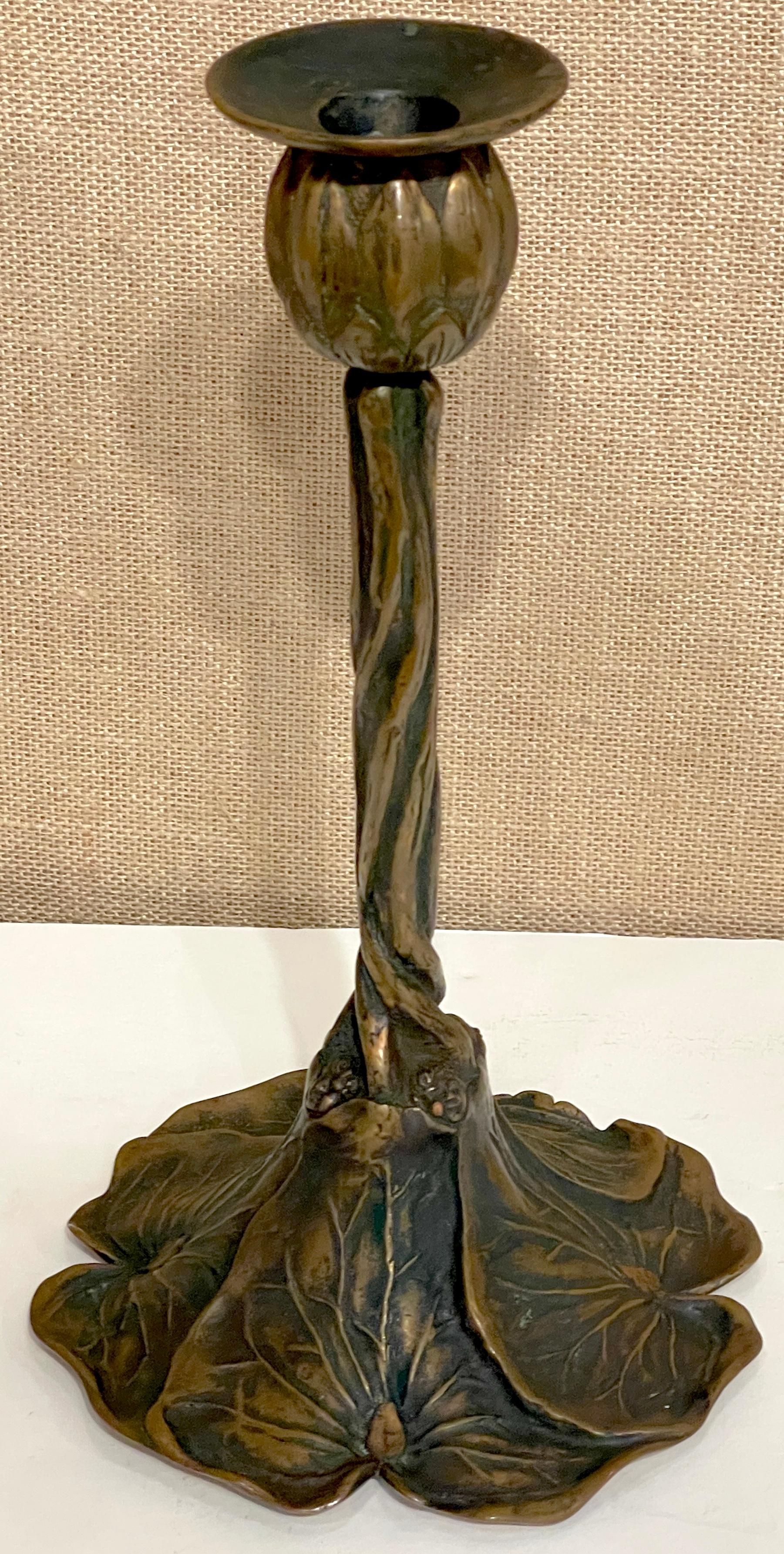 Art Nouveau Bronze Lily Pad & Water Nymph Candlesticks, Signed CH Barr, 1902 In Good Condition For Sale In West Palm Beach, FL