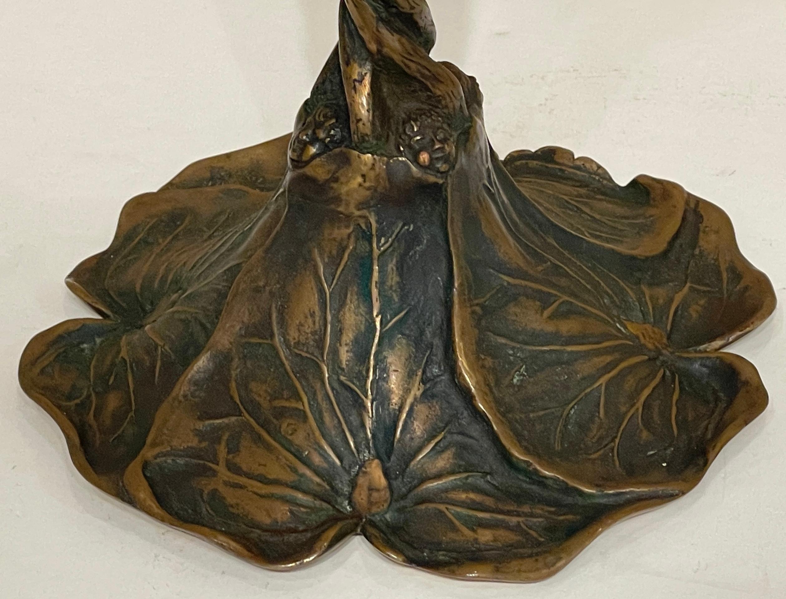 20th Century Art Nouveau Bronze Lily Pad & Water Nymph Candlesticks, Signed CH Barr, 1902 For Sale