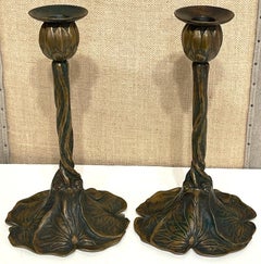 Art Nouveau Bronze Lily Pad & Water Nymph Candlesticks, Signed CH Barr, 1902