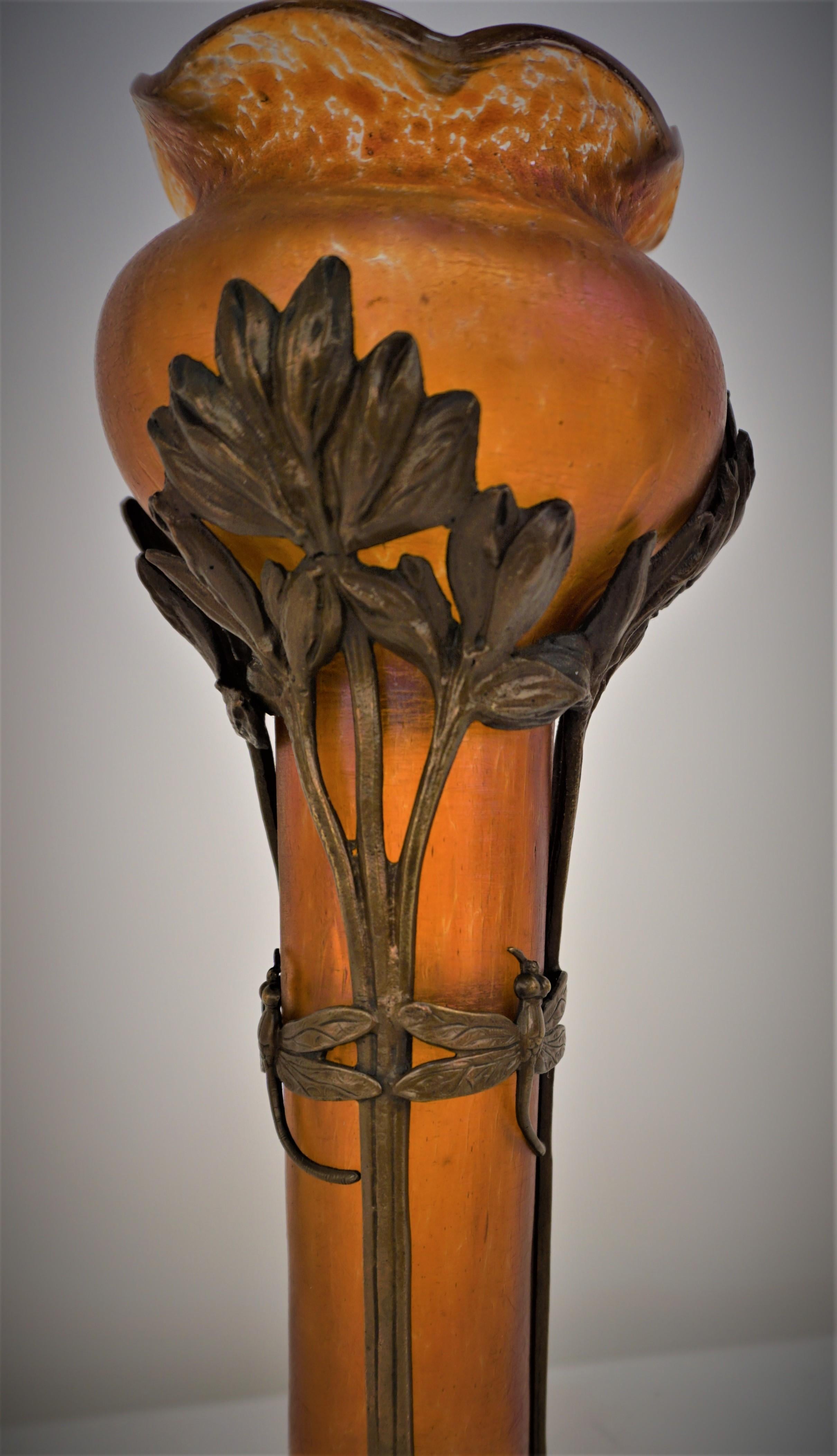French Art Nouveau bronze mounted Art Glass Vase For Sale