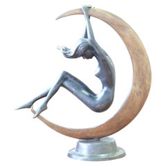 Art Nouveau Bronze Nude Female Moon Figurine, 19th Century