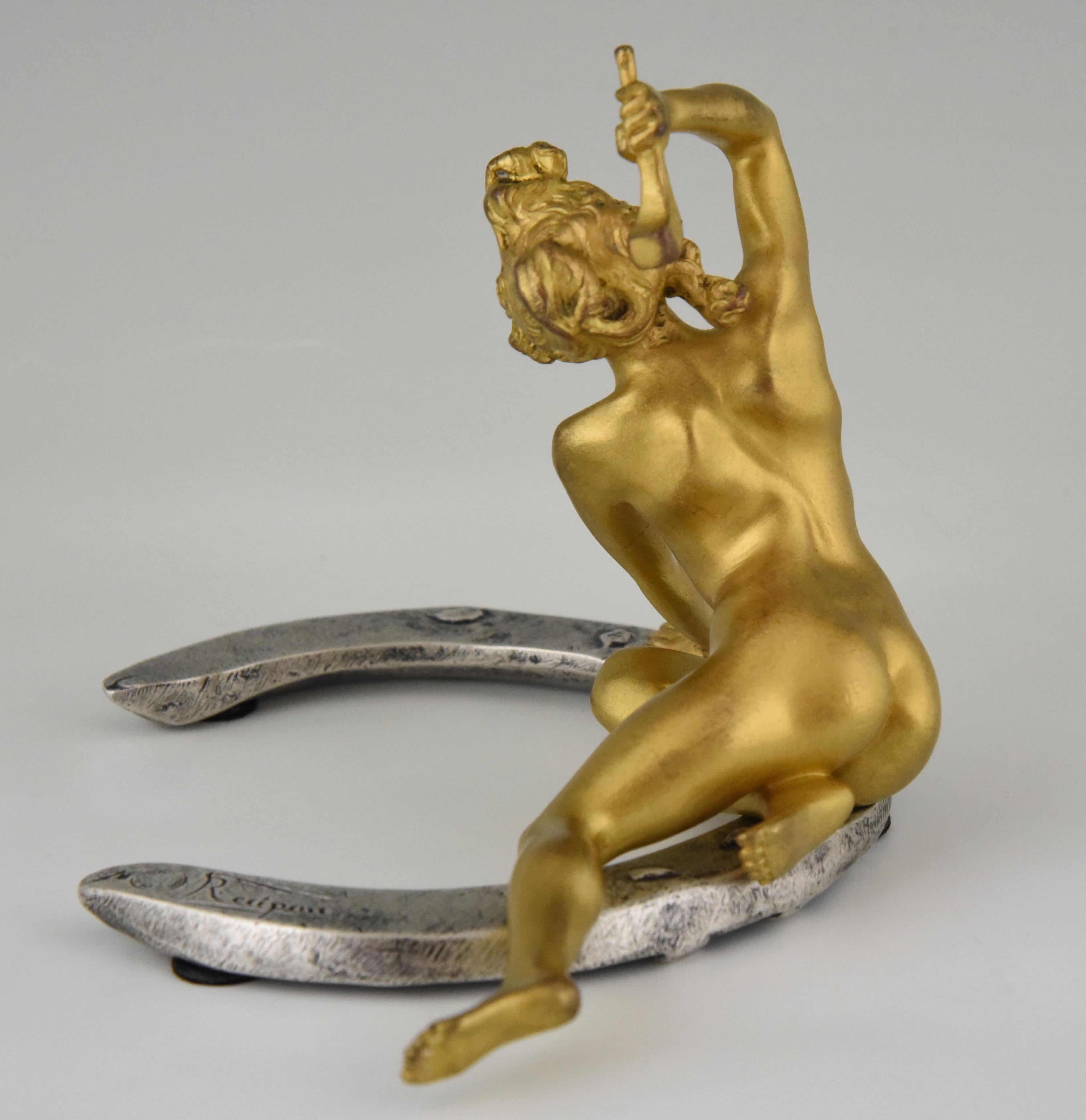 19th Century Art Nouveau Bronze Nude on a Horseshoe Georges Récipon, France, 1896