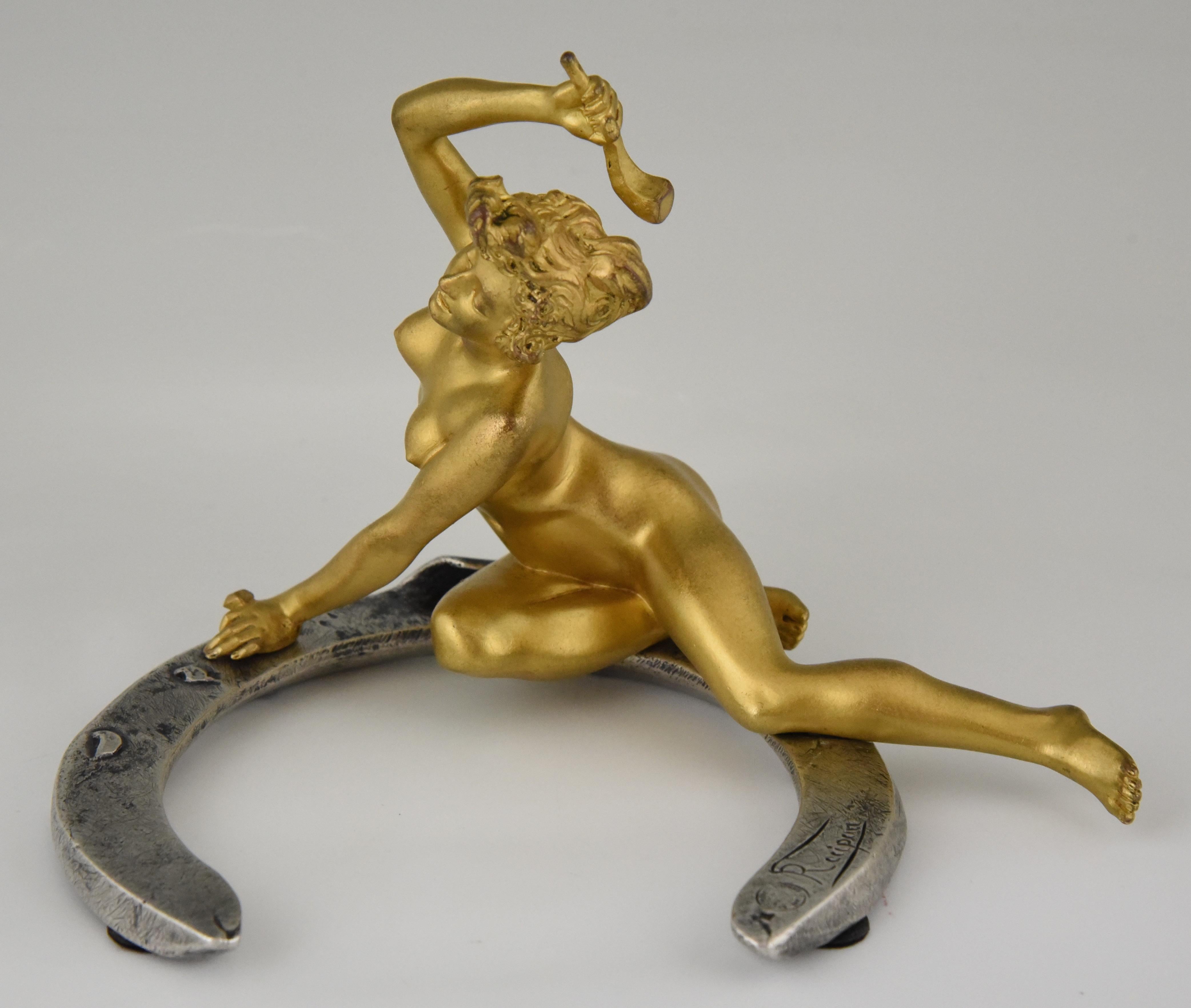 Art Nouveau Bronze Nude on a Horseshoe Georges Récipon, France, 1896 1