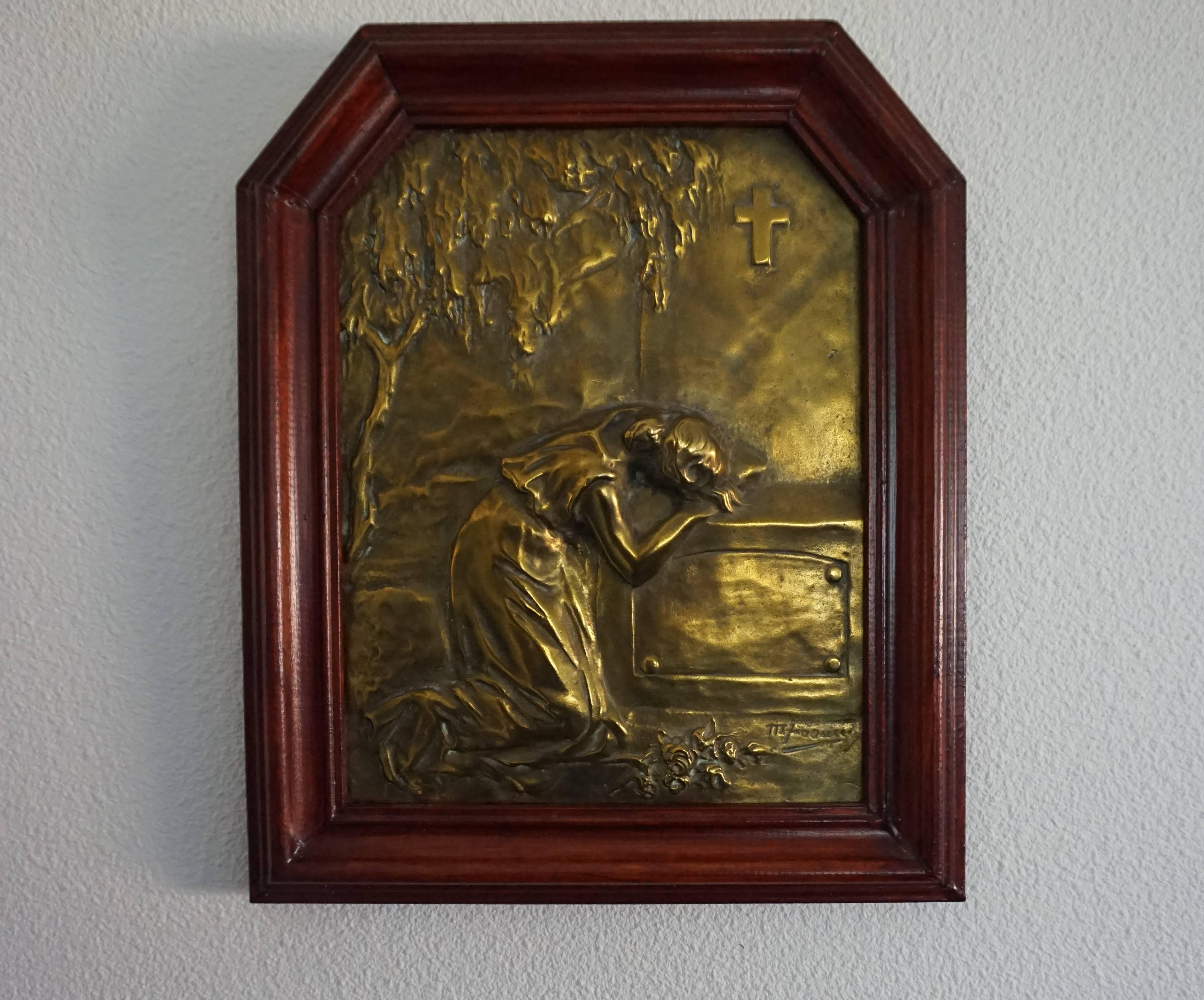 Metal Art Nouveau Bronze or Bronzed Wall Plaque of Lady Mourning by a Grave circa 1900