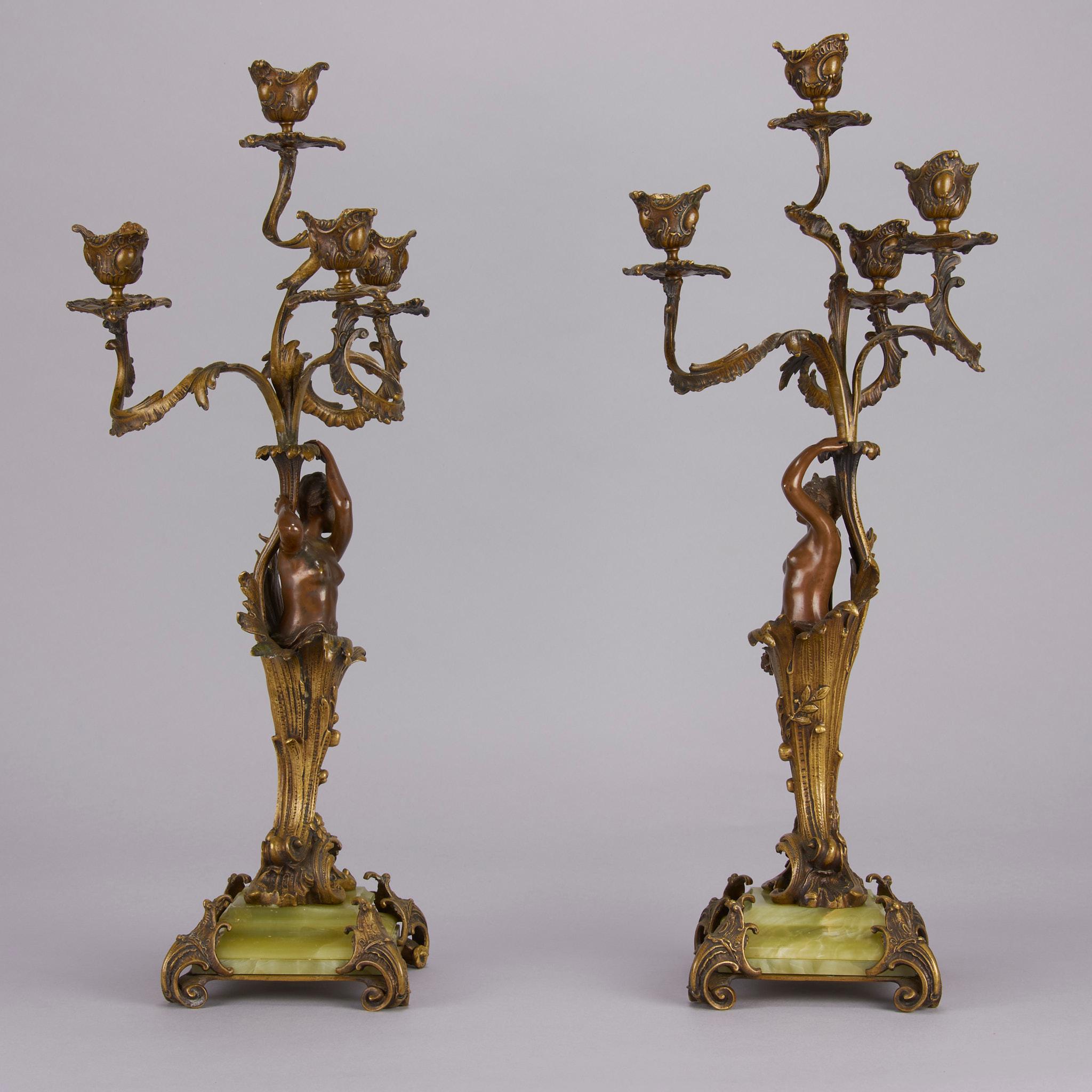 Cast Art Nouveau Bronze Pair of Candelabra, circa 1900