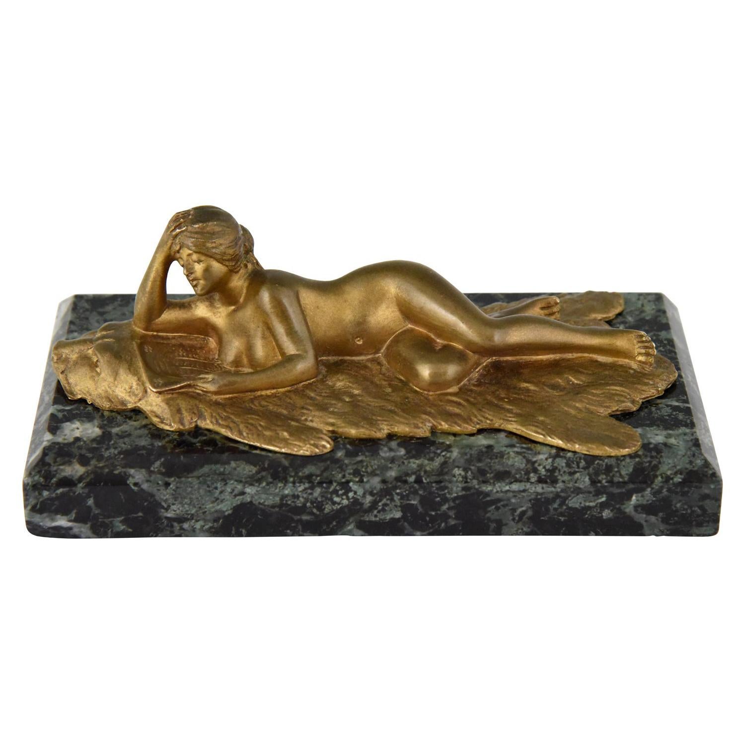 Art Nouveau Bronze Paperweight Reading Nude Jean Garnier France