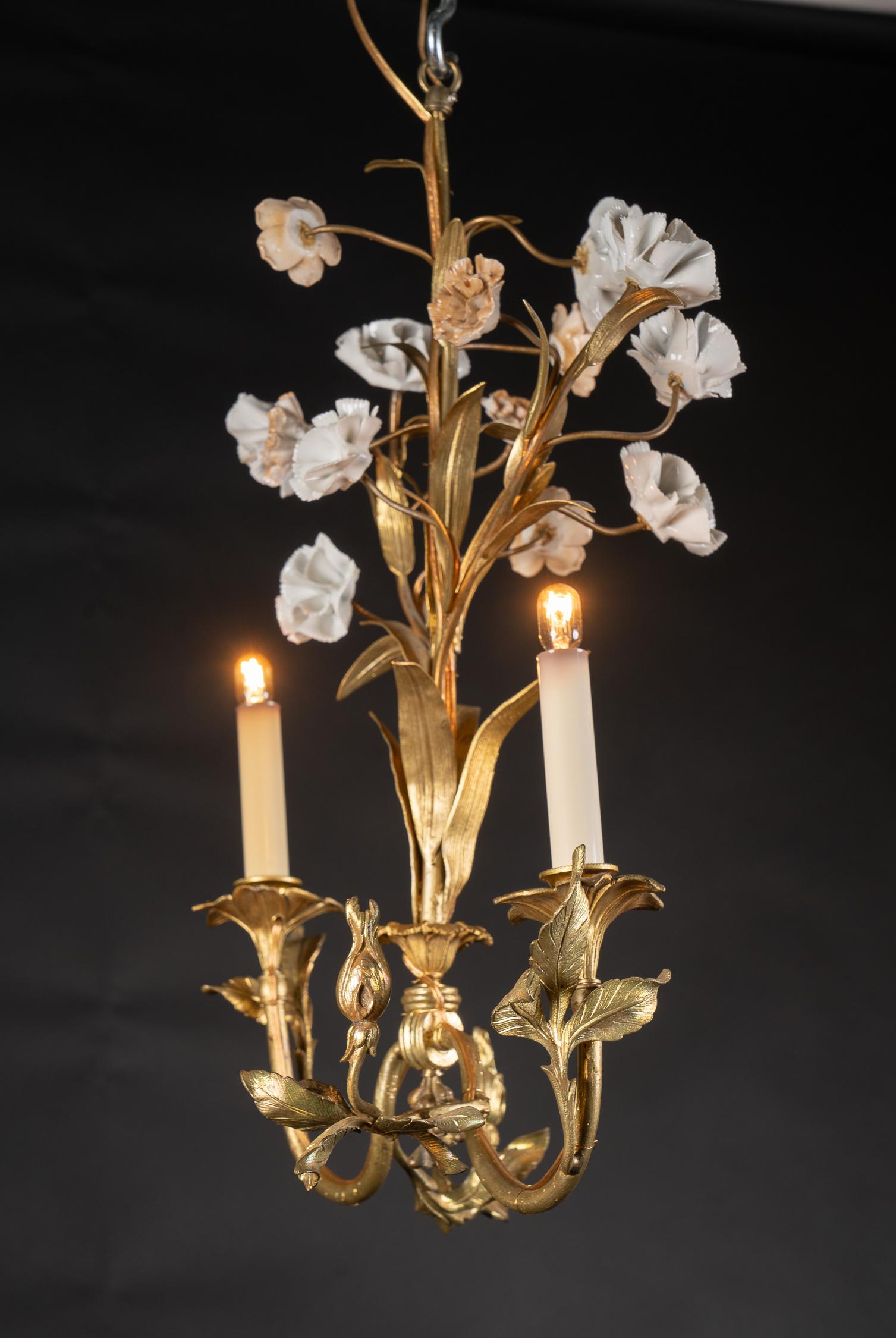 Art Nouveau Bronze & Porcelain Chandelier, French Mid-20th Century In Good Condition For Sale In New Orleans, LA