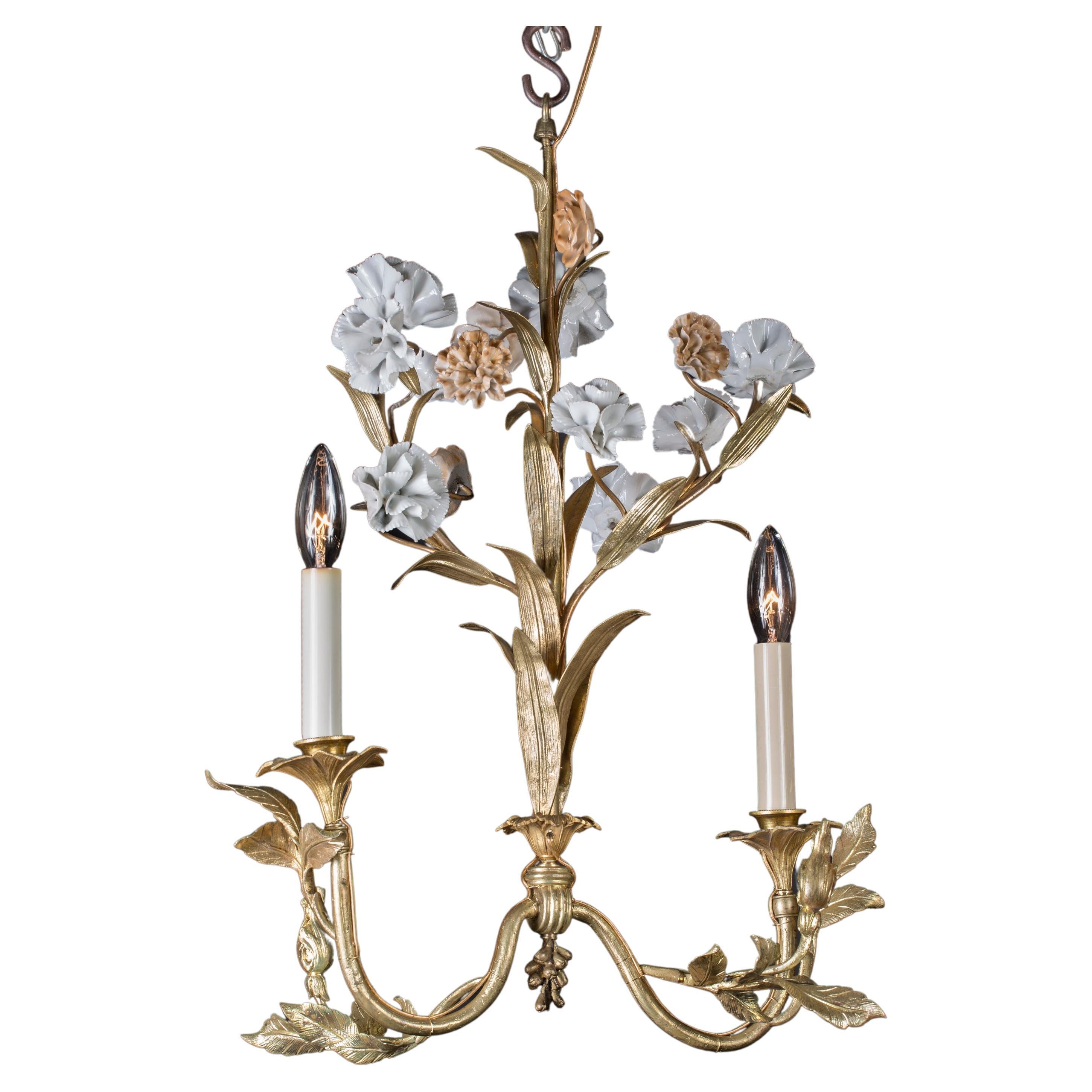 Art Nouveau Bronze & Porcelain Chandelier, French Mid-20th Century For Sale