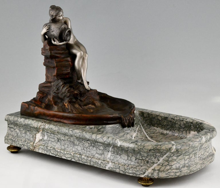 Patinated Art Nouveau Bronze Sculptural Tray Indoor Fountain with Nude by Suzanne Bizard For Sale
