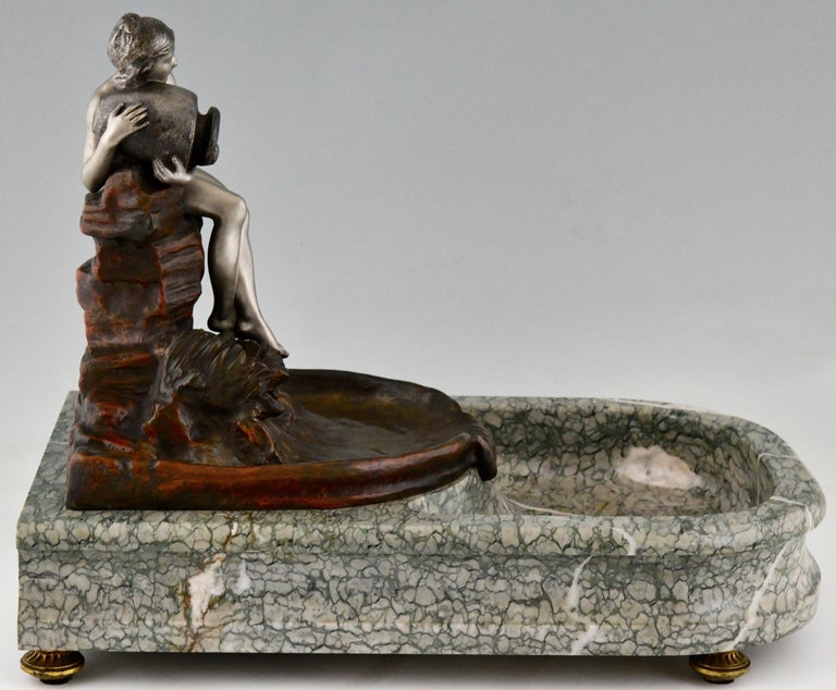 Art Nouveau Bronze Sculptural Tray Indoor Fountain with Nude by Suzanne Bizard In Good Condition For Sale In Antwerp, BE