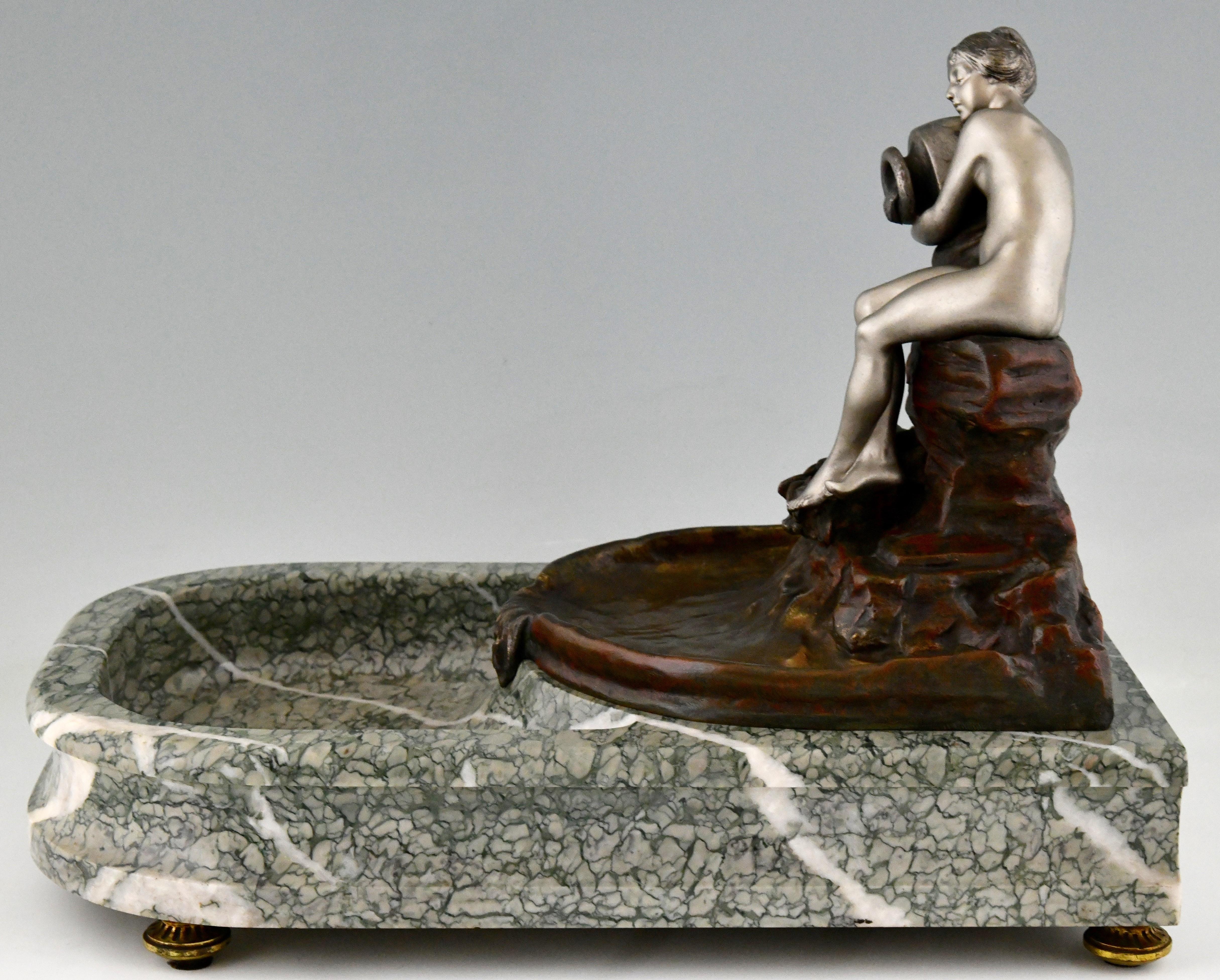 Art Nouveau Bronze Sculptural Tray Indoor Fountain with Nude by Suzanne Bizard For Sale 1
